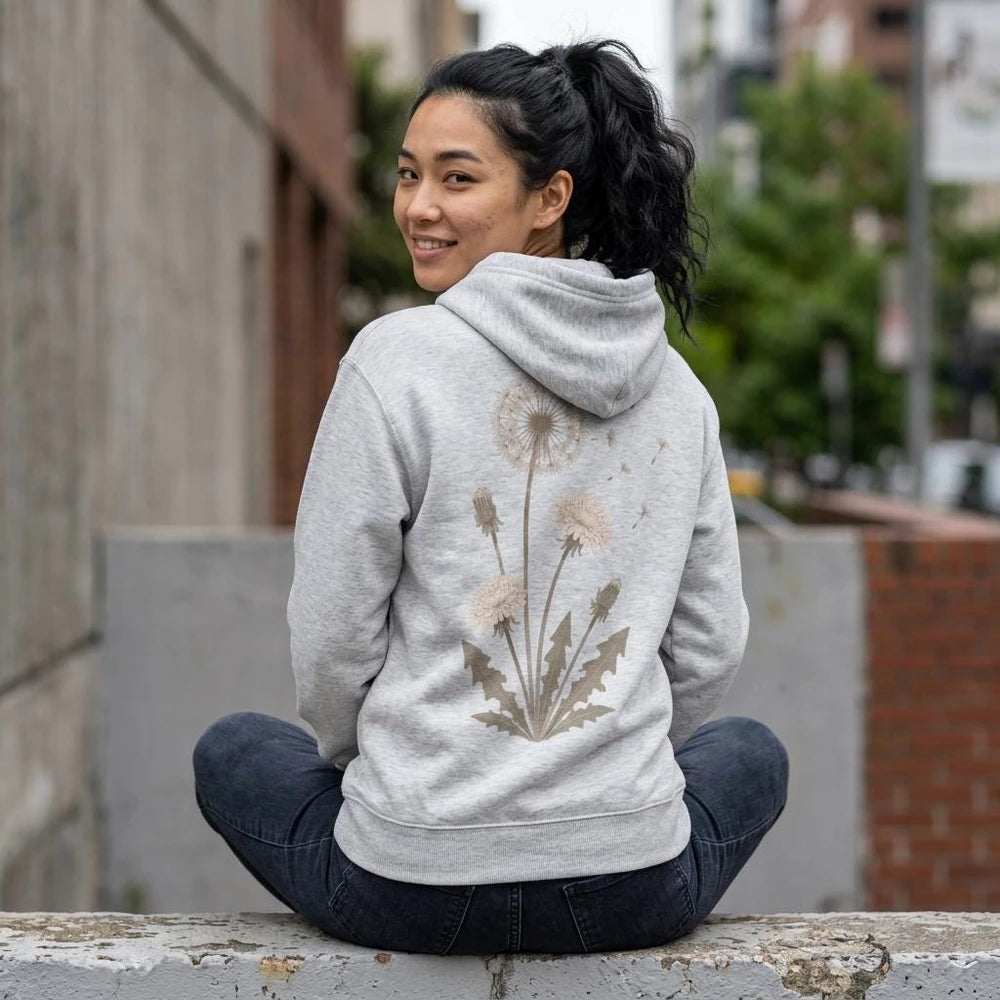 Women's Dandelion Zip Up Hoodie, Soft Cotton Floral Sweatshirt