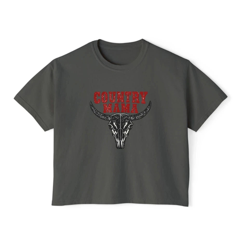 Country Mama Longhorn Skull Crop Tee | Western Cowgirl Shirt | Farm Life Country Graphic Top