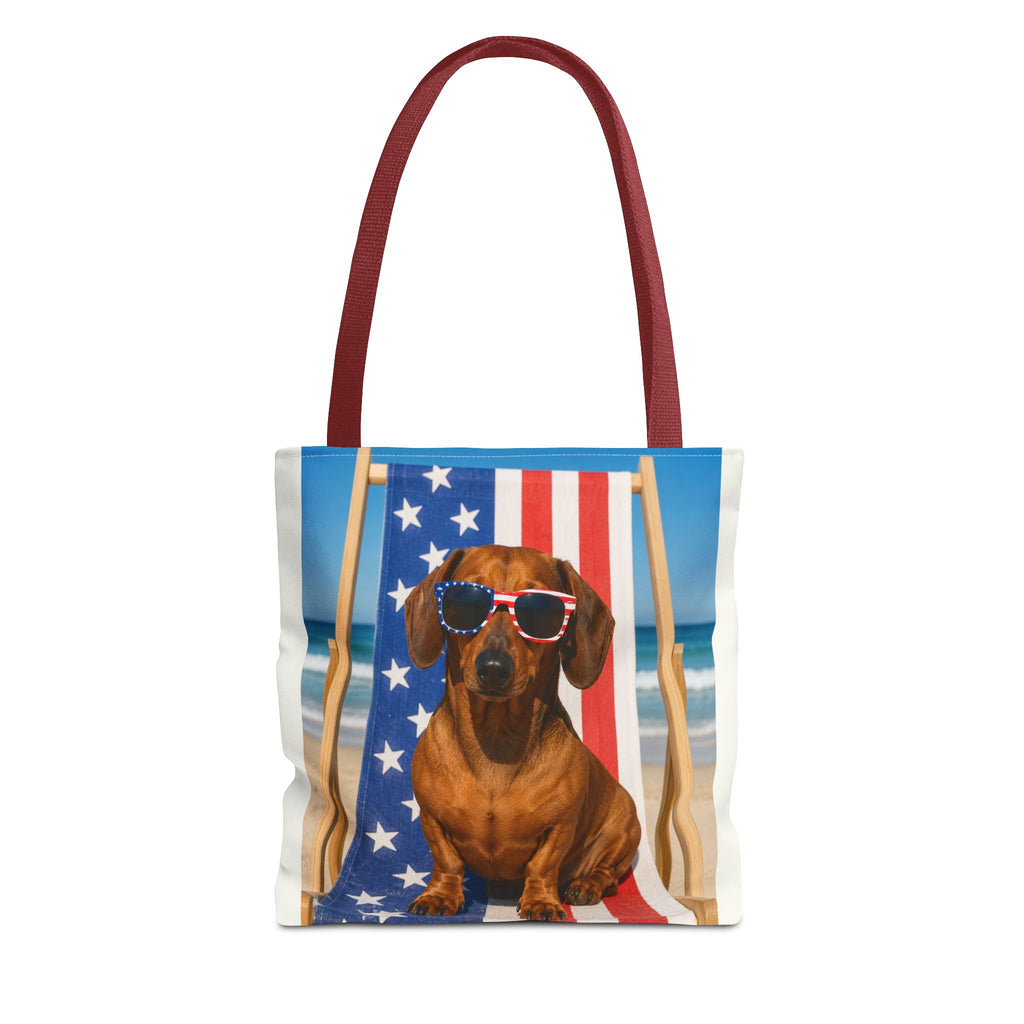 Patriotic Dachshund Tote Bag — 4th of July Beach Dog Tote with American Flag Sunglasses