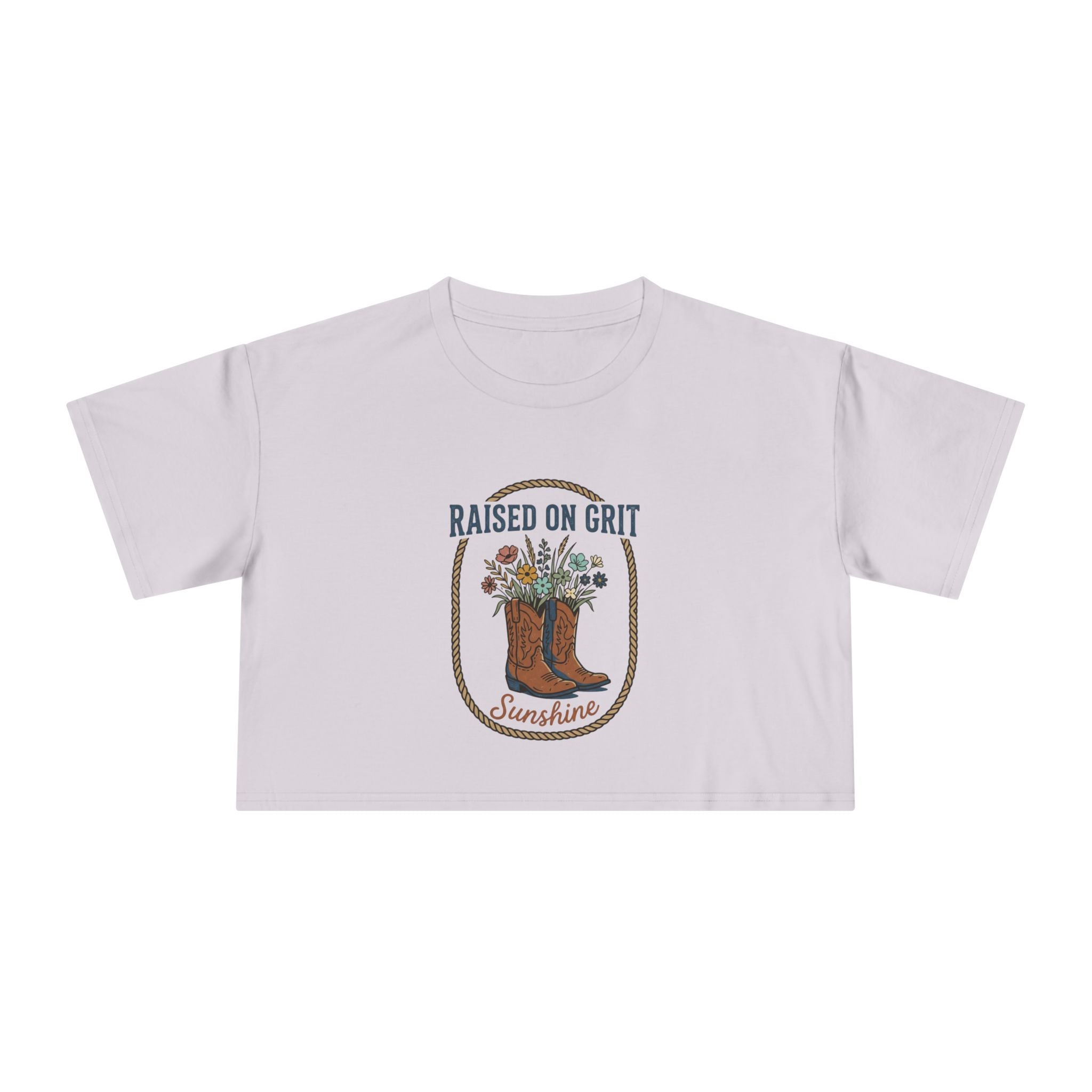 Raised on Grit Sunshine cowboy boots floral graphic Crop Tee | Western farmhouse style