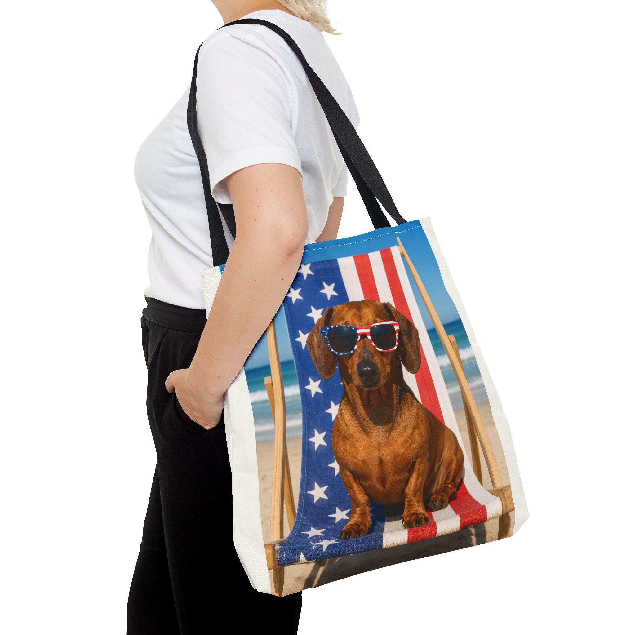 Patriotic Dachshund Tote Bag — 4th of July Beach Dog Tote with American Flag Sunglasses