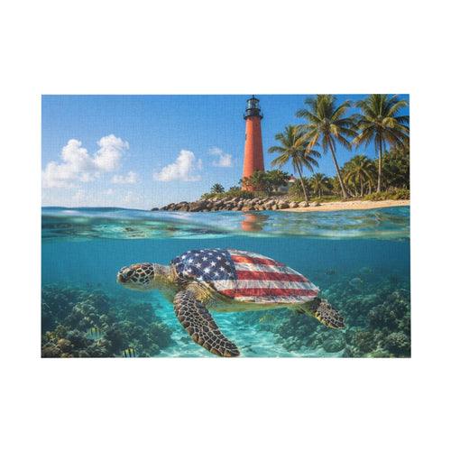 American Flag Sea Turtle Puzzle | Lighthouse Beach Ocean Jigsaw