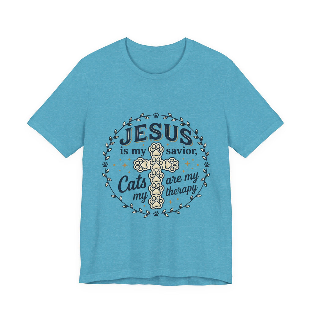 Jesus is my Savior Cats are my Therapy T-Shirt | Faith Cat Tee