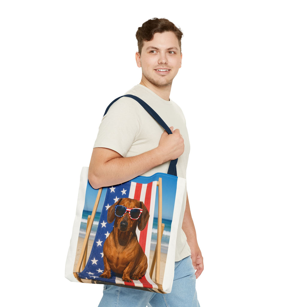 Patriotic Dachshund Tote Bag — 4th of July Beach Dog Tote with American Flag Sunglasses