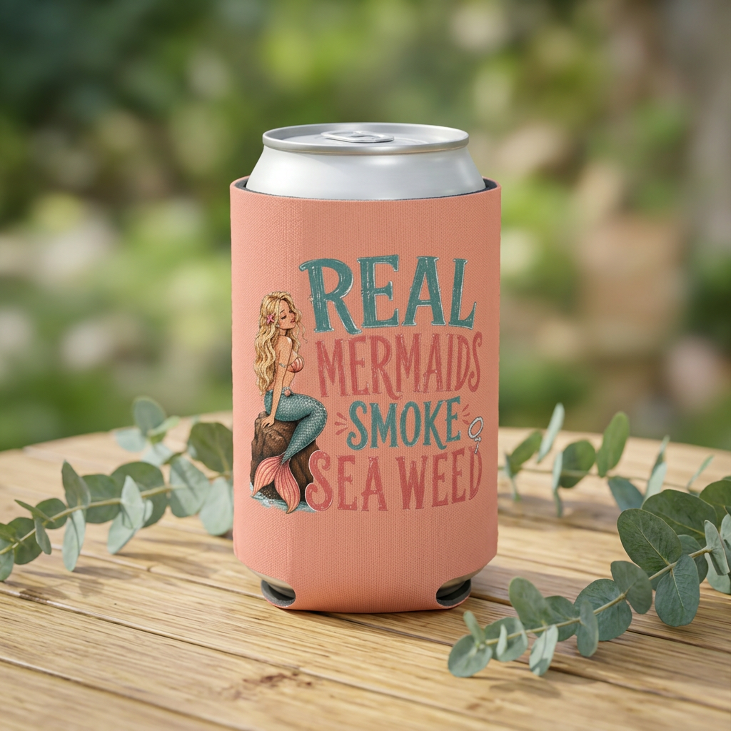 Can Cooler — "Real Mermaids Smoke Seaweed" Pink Mermaid Beverage Koozie