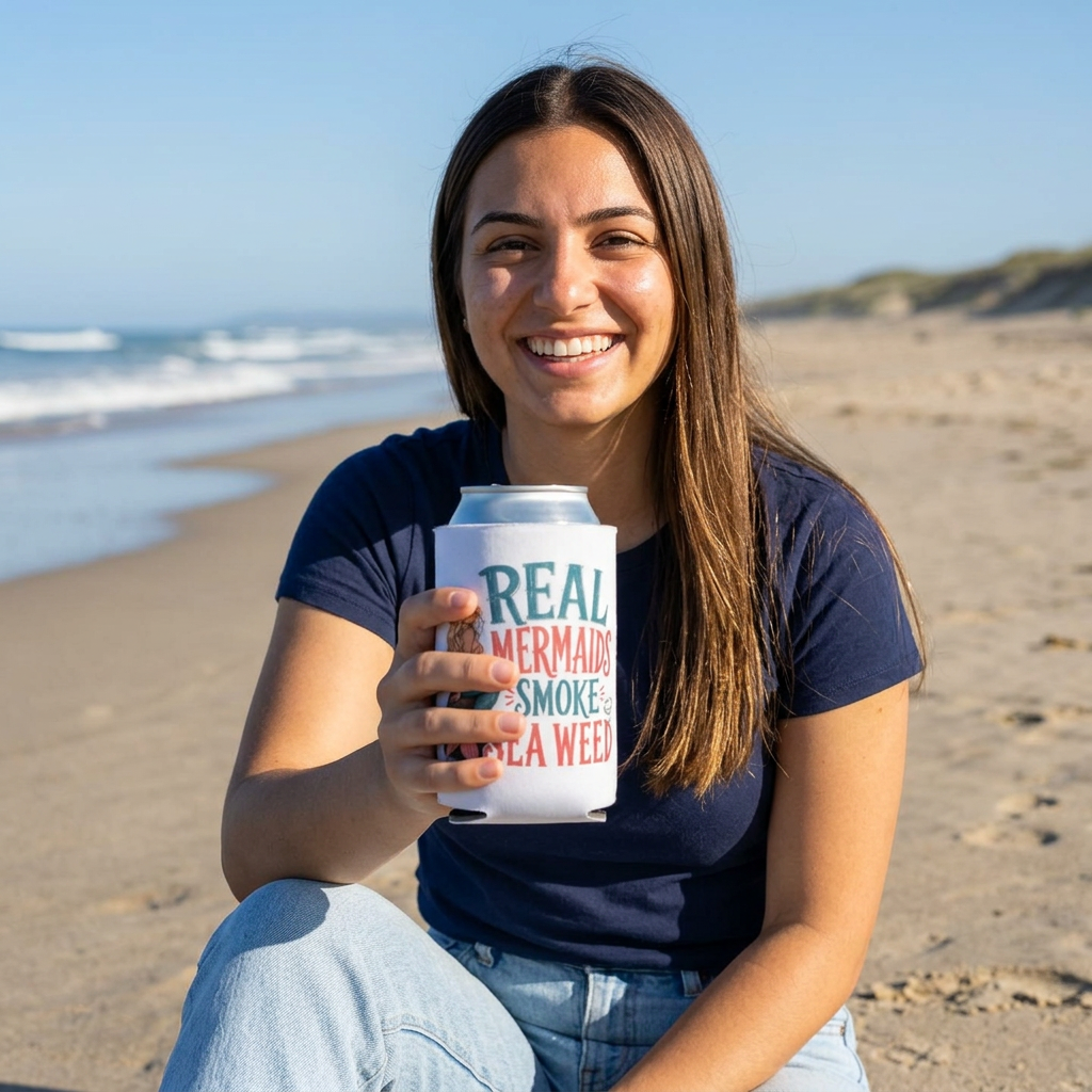 Can Cooler - "Real Mermaids Smoke Sea Weed" Beachy Mermaid Drink Koozie