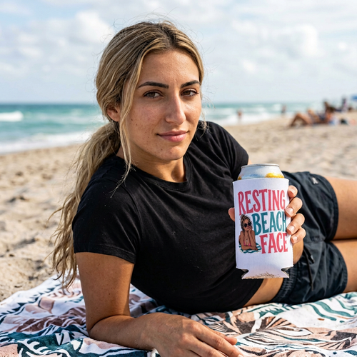 Can Cooler — “Resting Beach Face” Funny Beach Drink Koozie