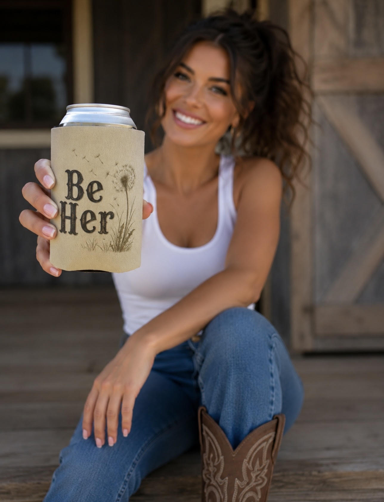 Be Her Can Cooler | Dandelion Illustration, Beige Foam Koozie