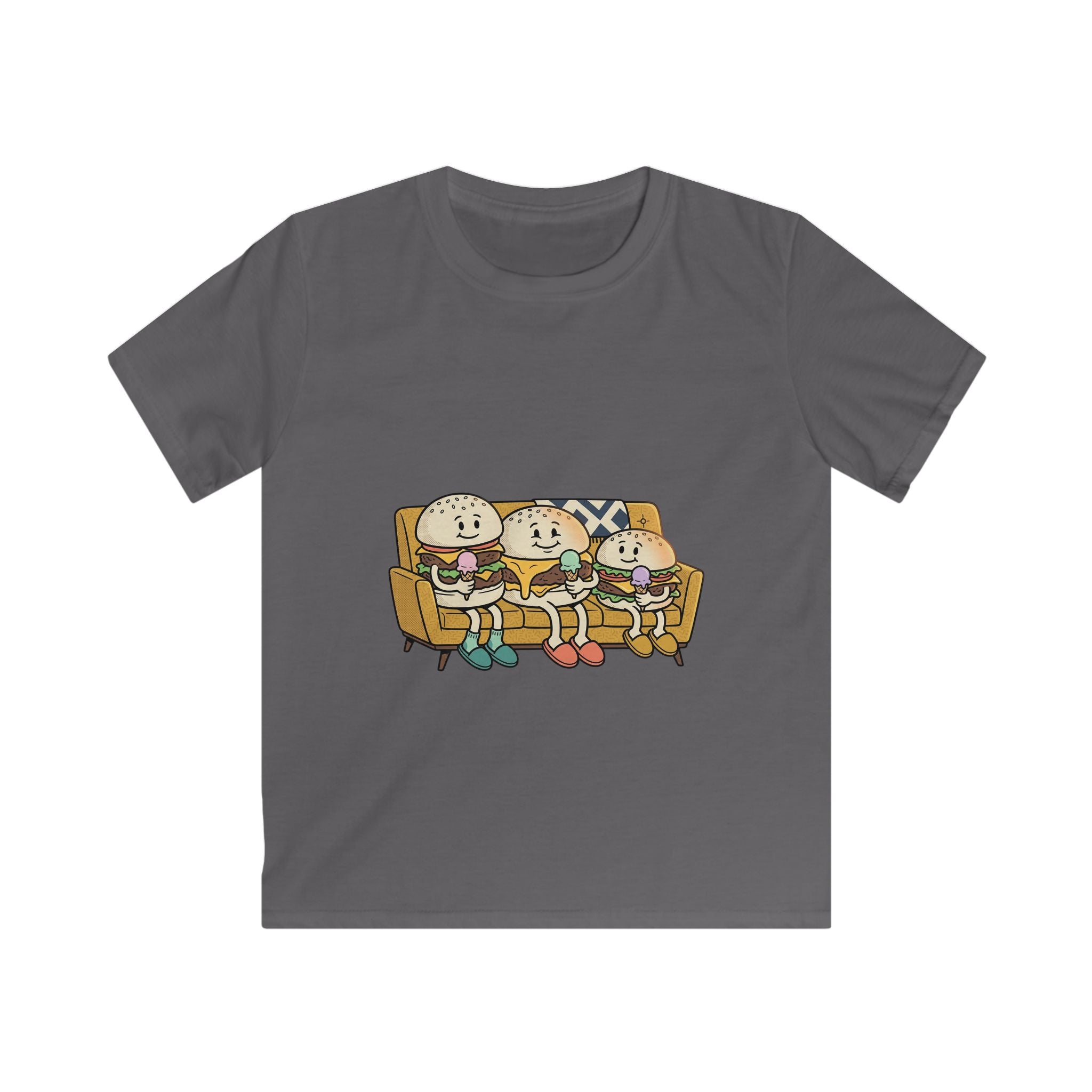 Cartoon Burger Family on Couch Tee | Kids graphic shirt, cute food characters