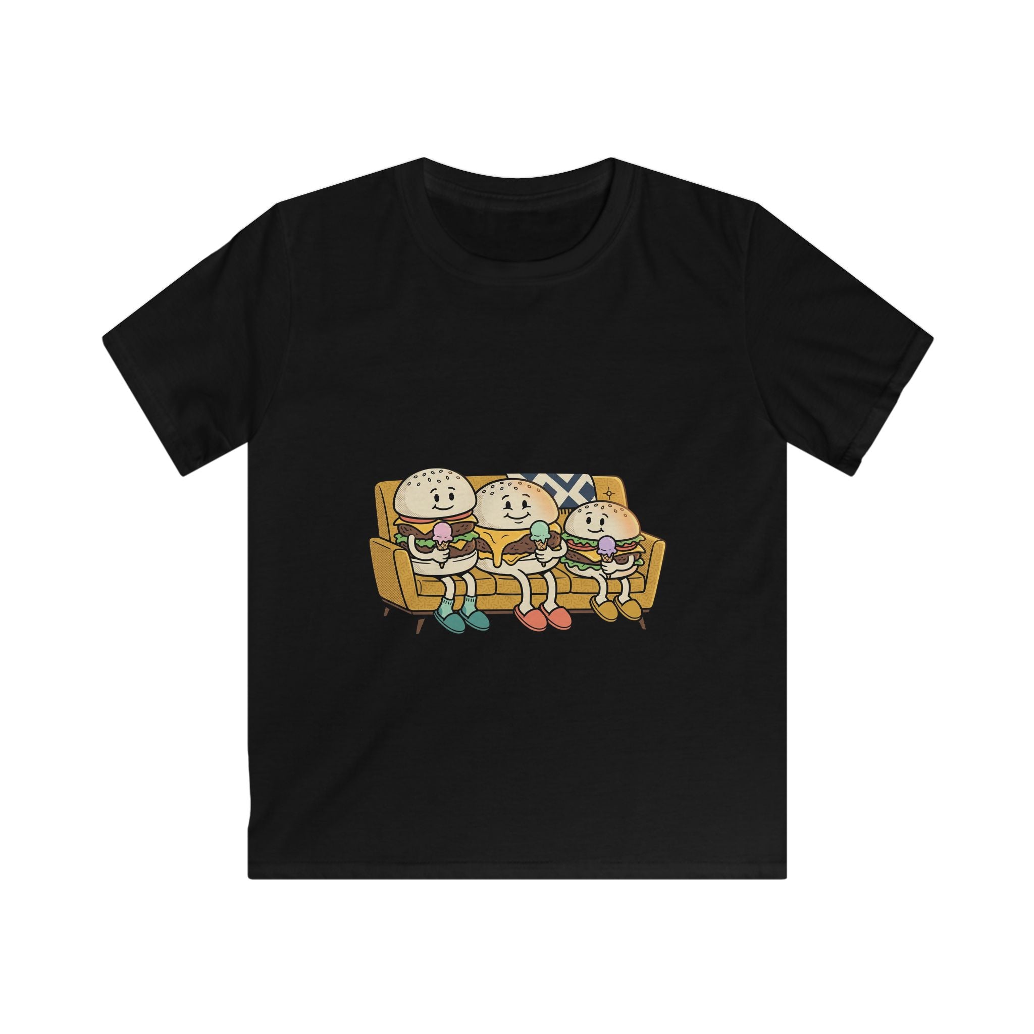 Cartoon Burger Family on Couch Tee | Kids graphic shirt, cute food characters