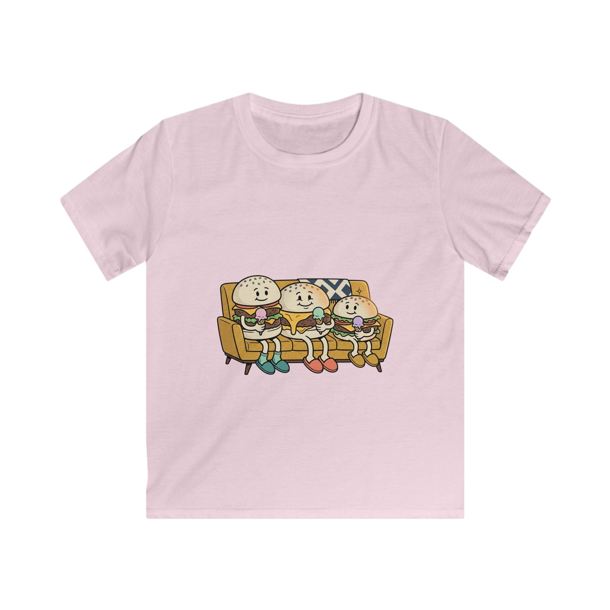 Cartoon Burger Family on Couch Tee | Kids graphic shirt, cute food characters