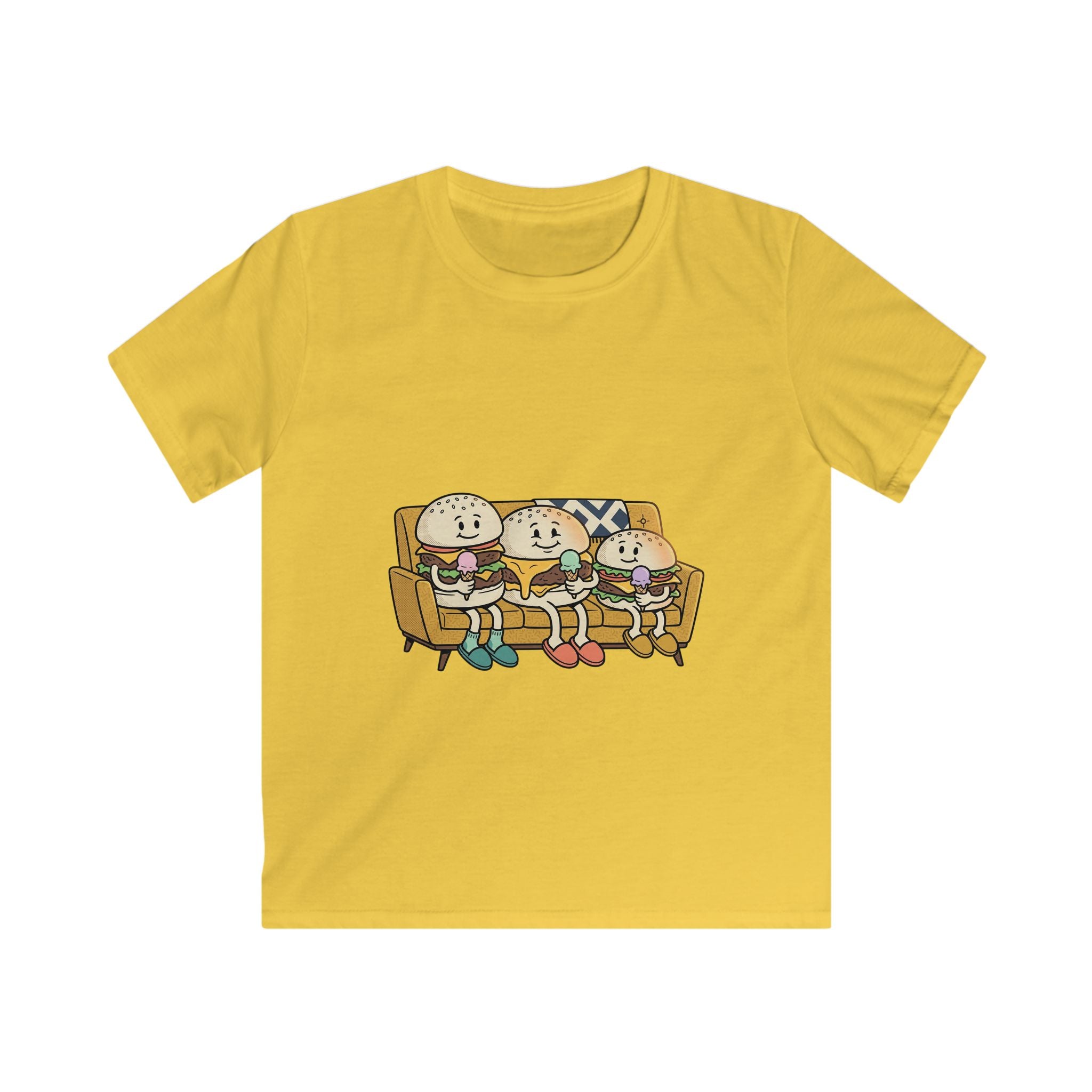 Cartoon Burger Family on Couch Tee | Kids graphic shirt, cute food characters