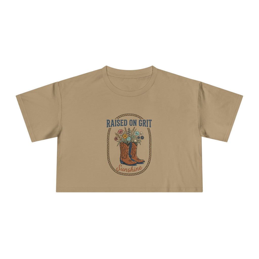 Raised on Grit Sunshine cowboy boots floral graphic Crop Tee | Western farmhouse style