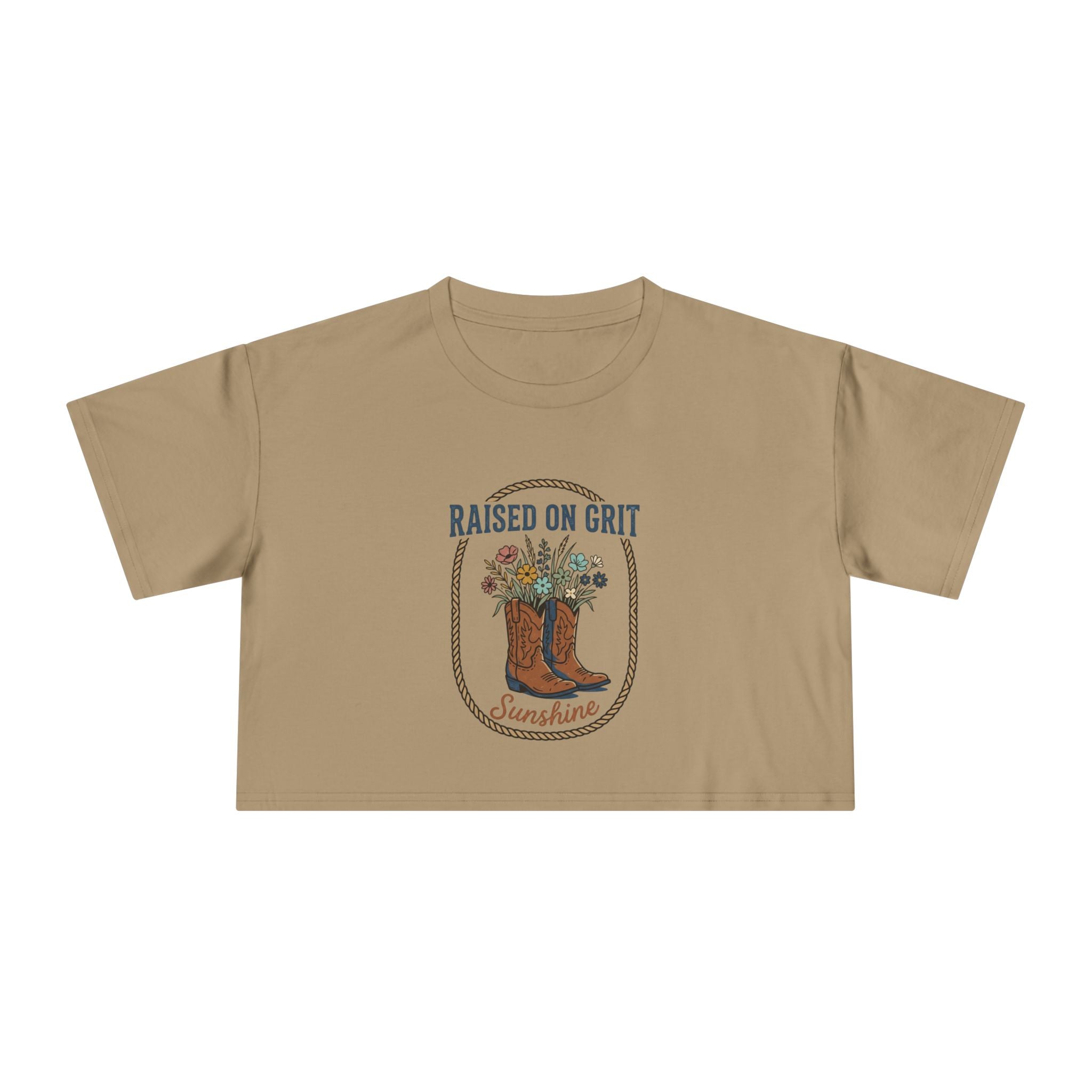 Raised on Grit Sunshine cowboy boots floral graphic Crop Tee | Western farmhouse style