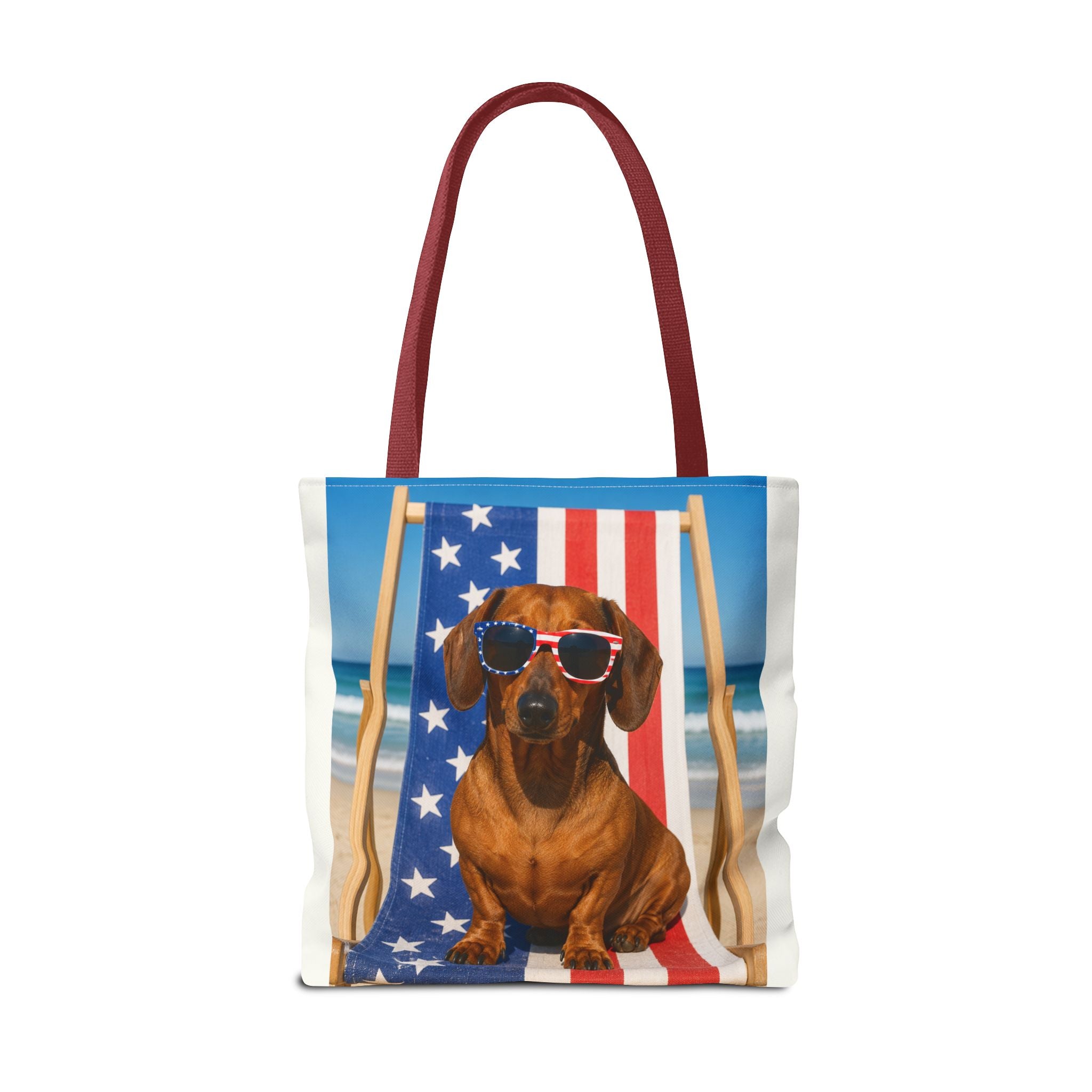 Patriotic Dachshund Tote Bag — 4th of July Beach Dog Tote with American Flag Sunglasses