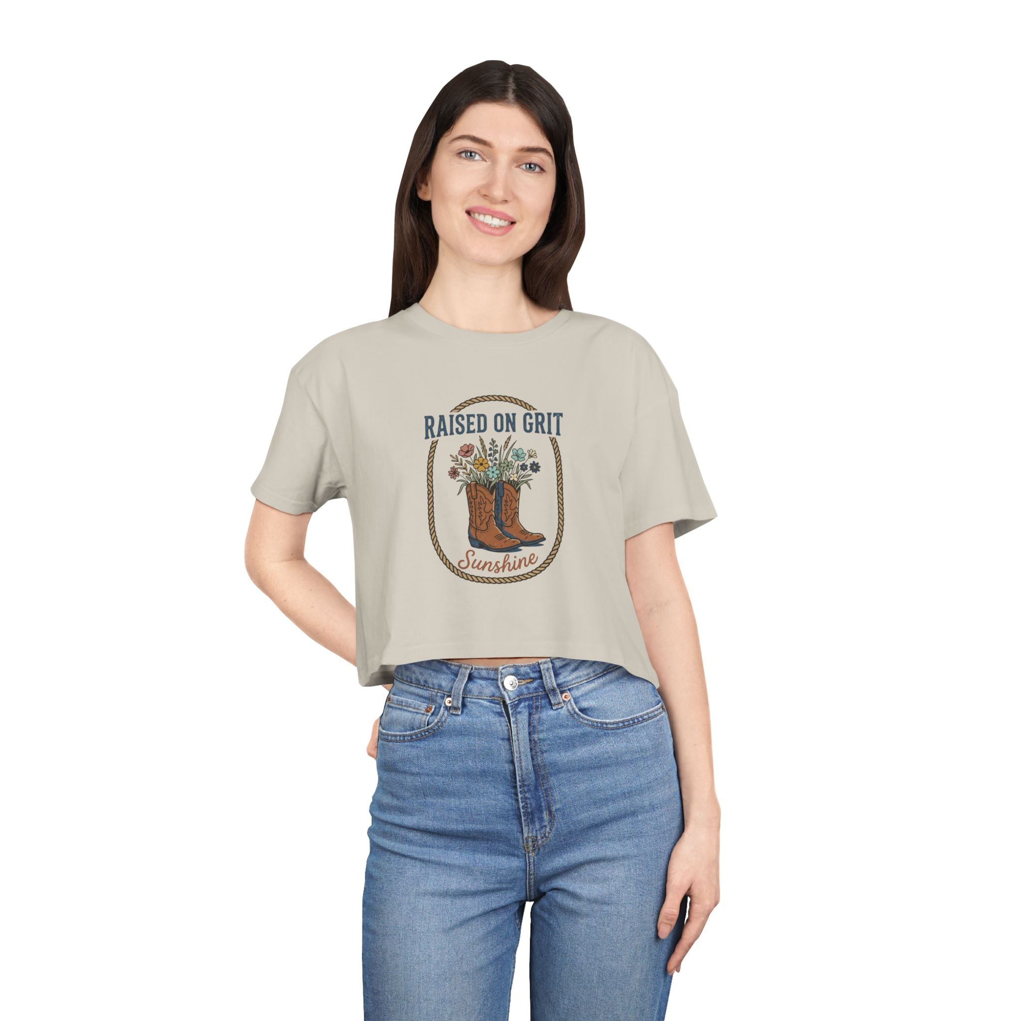 Raised on Grit Sunshine cowboy boots floral graphic Crop Tee | Western farmhouse style