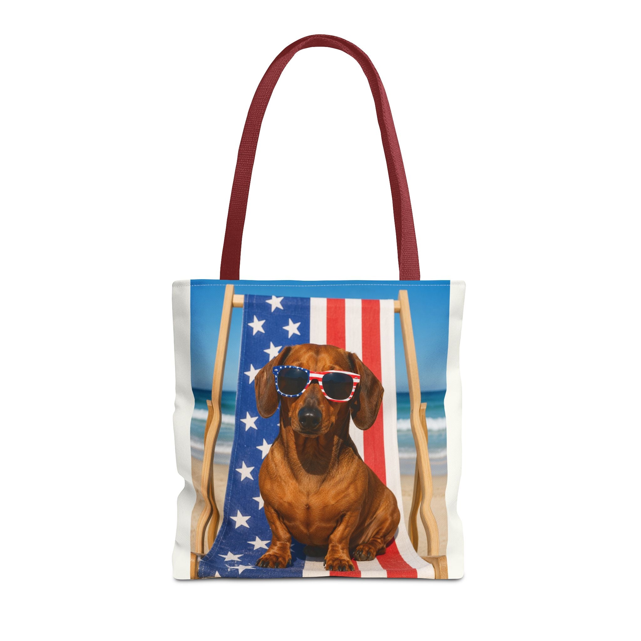 Patriotic Dachshund Tote Bag — 4th of July Beach Dog Tote with American Flag Sunglasses