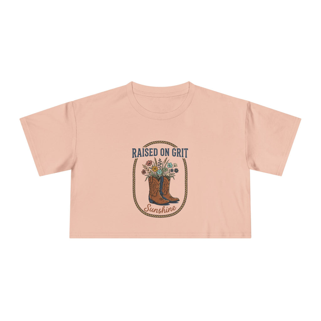 Raised on Grit Sunshine cowboy boots floral graphic Crop Tee | Western farmhouse style