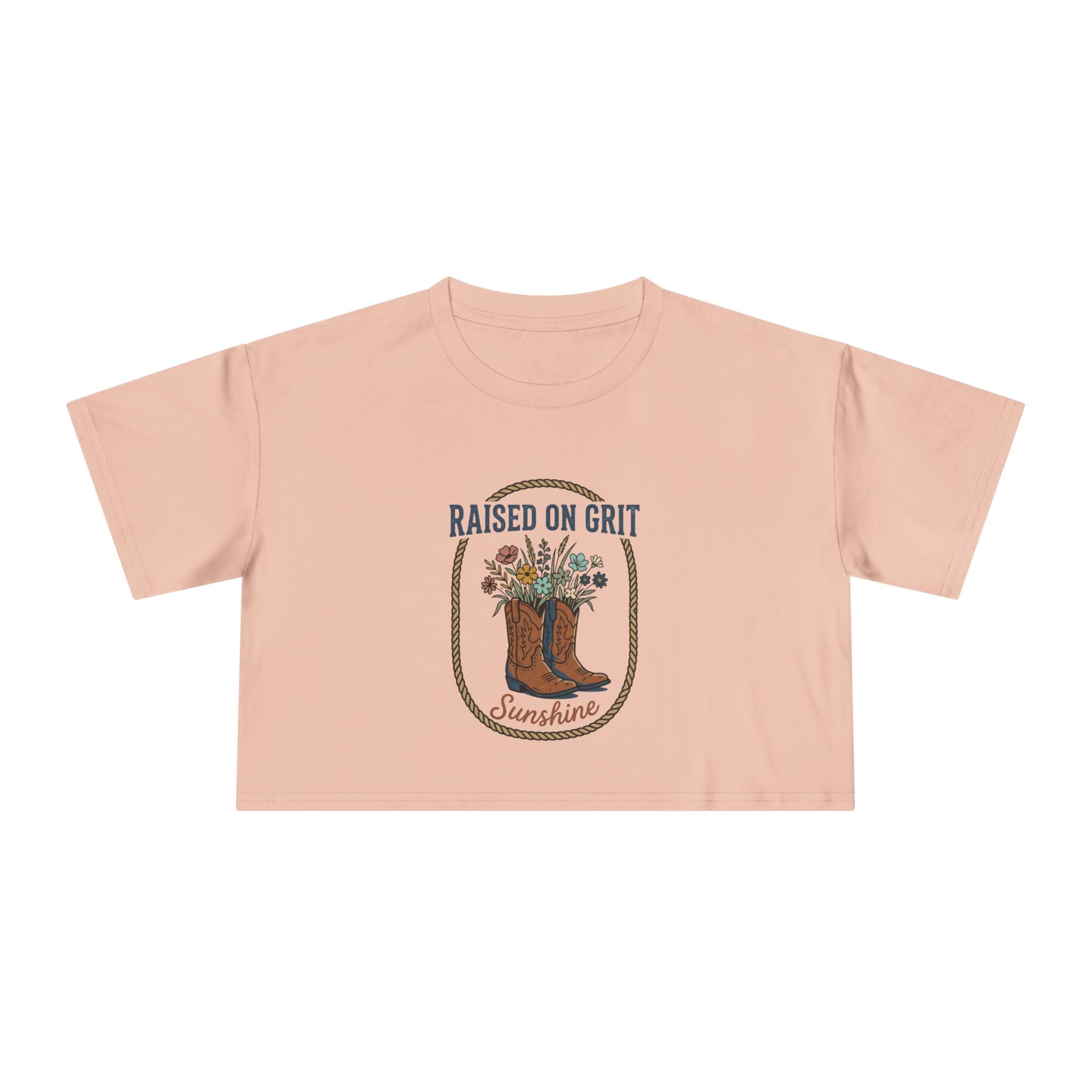 Raised on Grit Sunshine cowboy boots floral graphic Crop Tee | Western farmhouse style