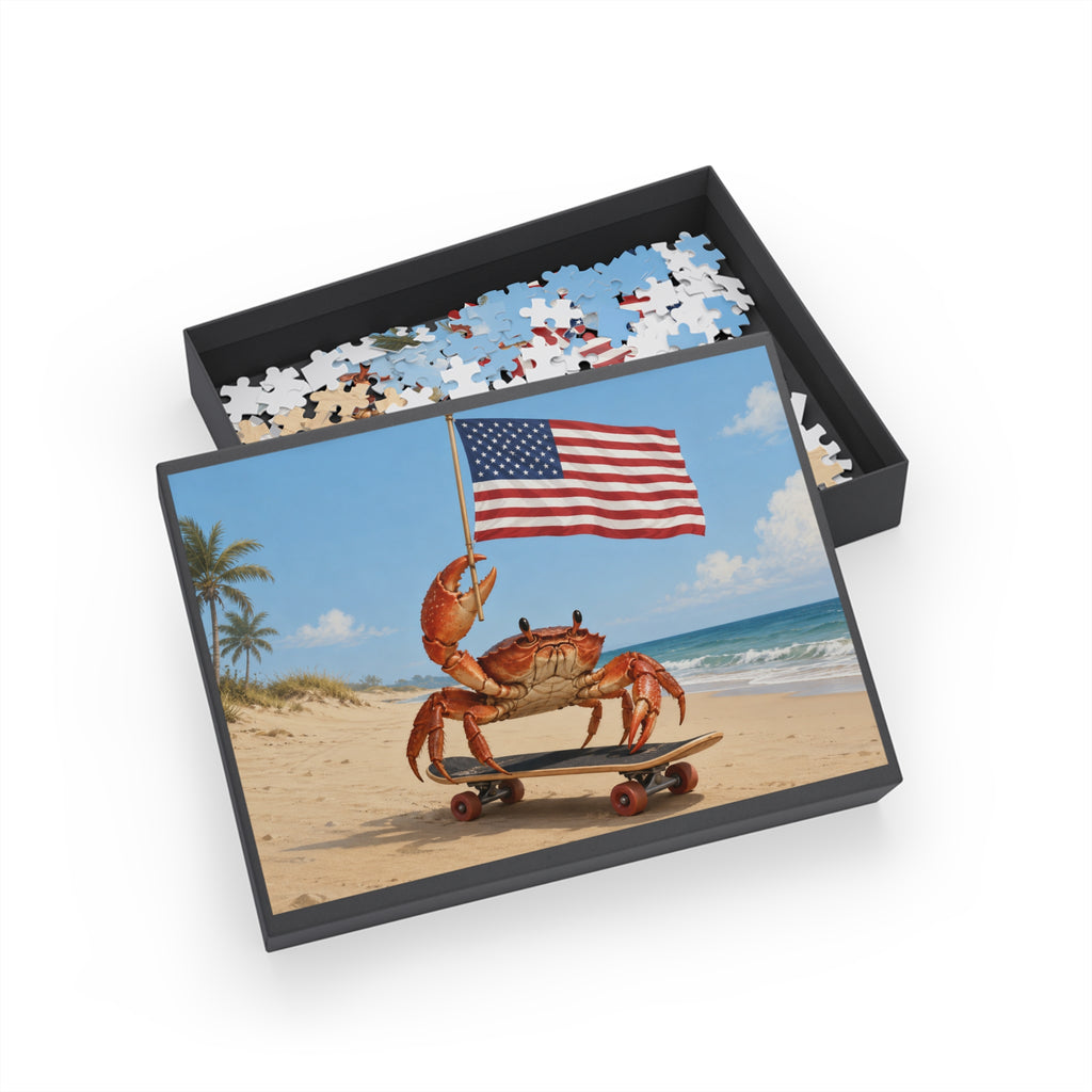 Patriotic Crab on Skateboard Puzzle, Beach Flag Jigsaw Puzzle, Beach Puzzle, Crab Gift, Family Puzzle