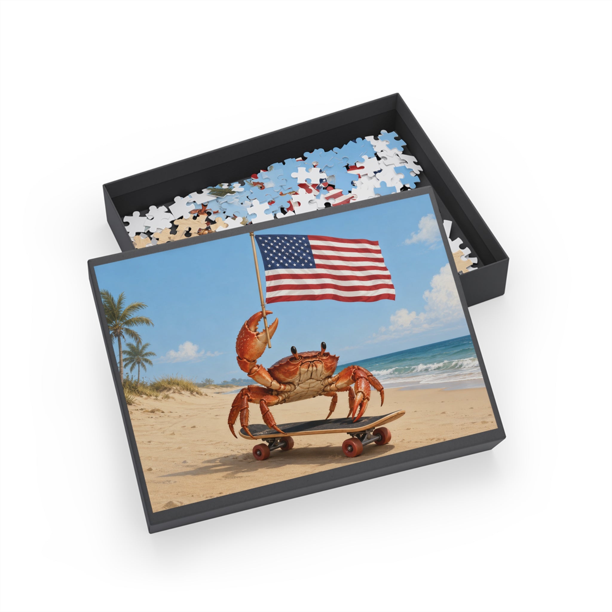 Patriotic Crab on Skateboard Puzzle, Beach Flag Jigsaw Puzzle, Beach Puzzle, Crab Gift, Family Puzzle