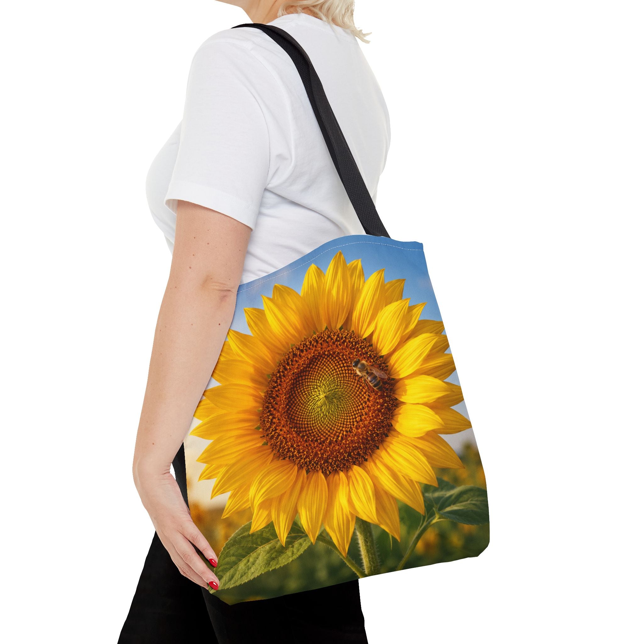Sunflower with Bee Tote Bag, Sunflower Lovers Gift, Sunflower Grocery Bag, Beach Bag, Bright Floral Nature Print