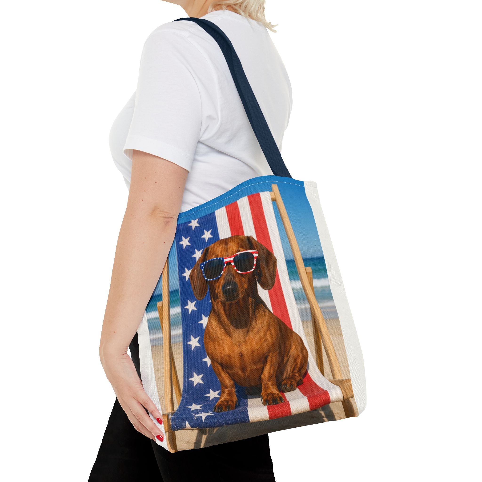 Patriotic Dachshund Tote Bag — 4th of July Beach Dog Tote with American Flag Sunglasses