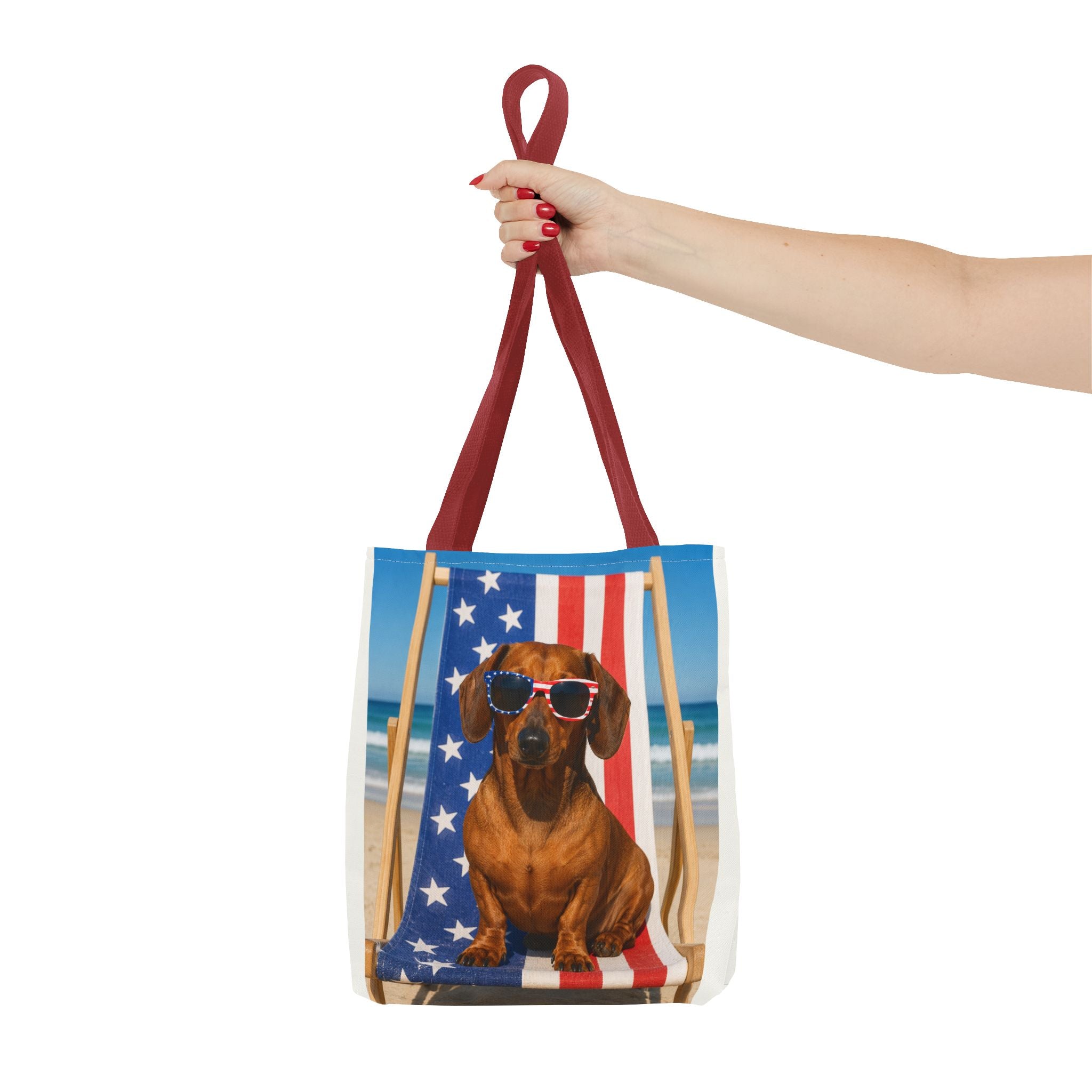 Patriotic Dachshund Tote Bag — 4th of July Beach Dog Tote with American Flag Sunglasses