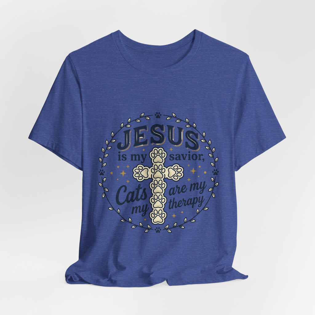 Jesus is my Savior Cats are my Therapy T-Shirt | Faith Cat Tee