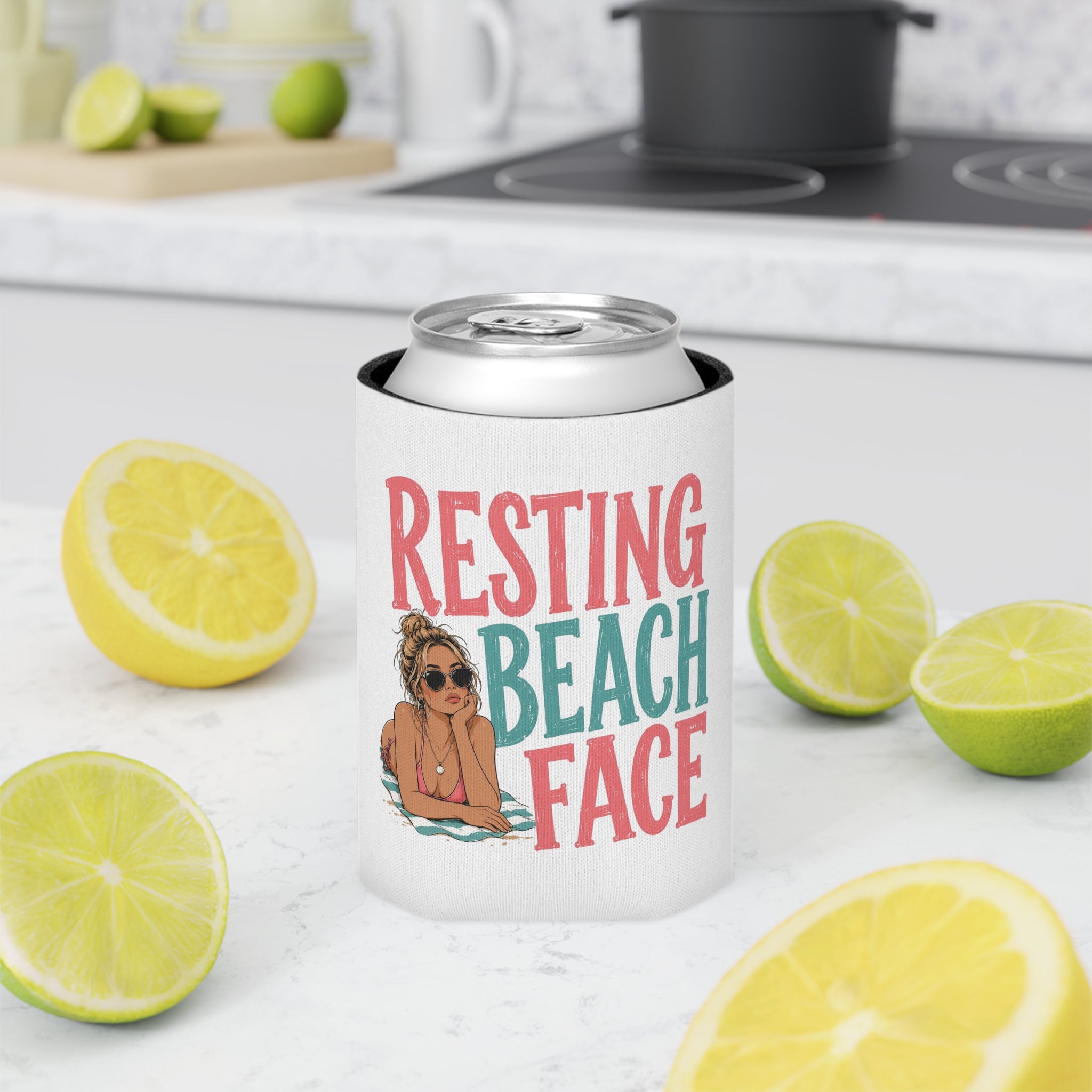 Can Cooler — “Resting Beach Face” Funny Beach Drink Koozie