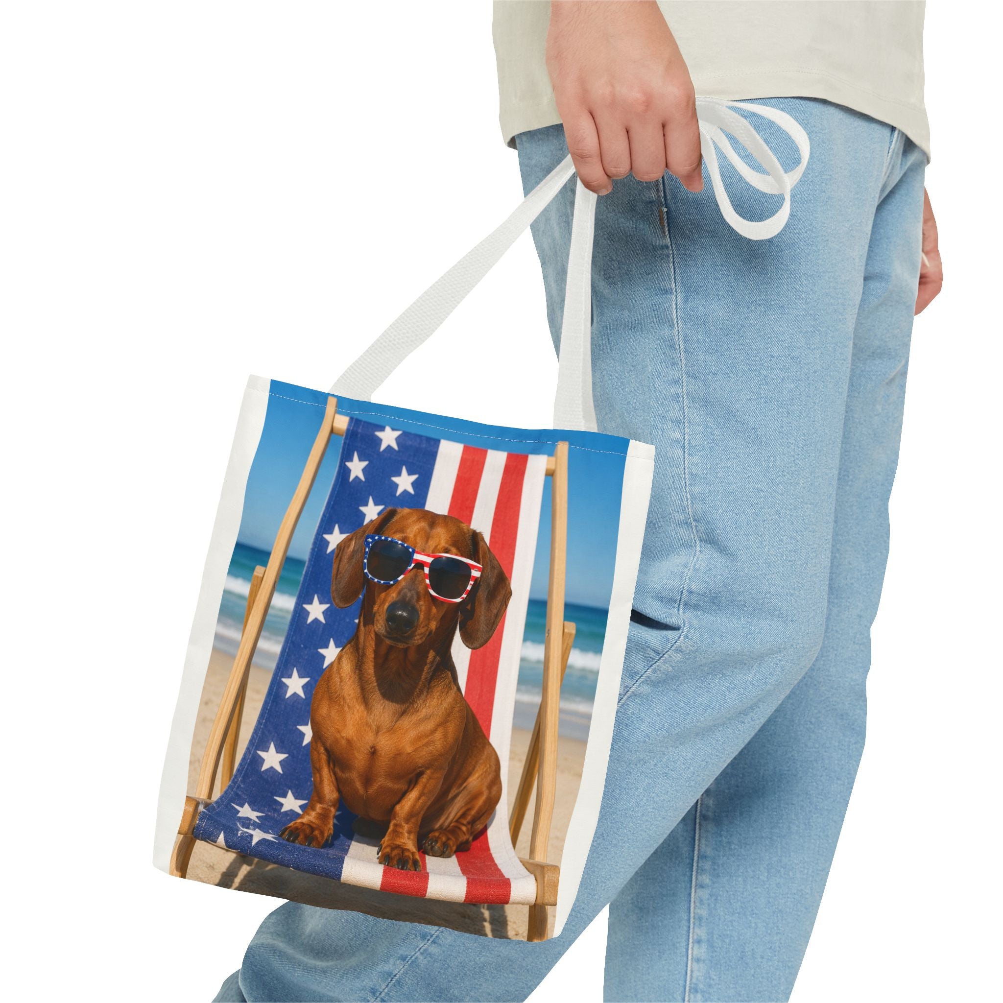 Patriotic Dachshund Tote Bag — 4th of July Beach Dog Tote with American Flag Sunglasses