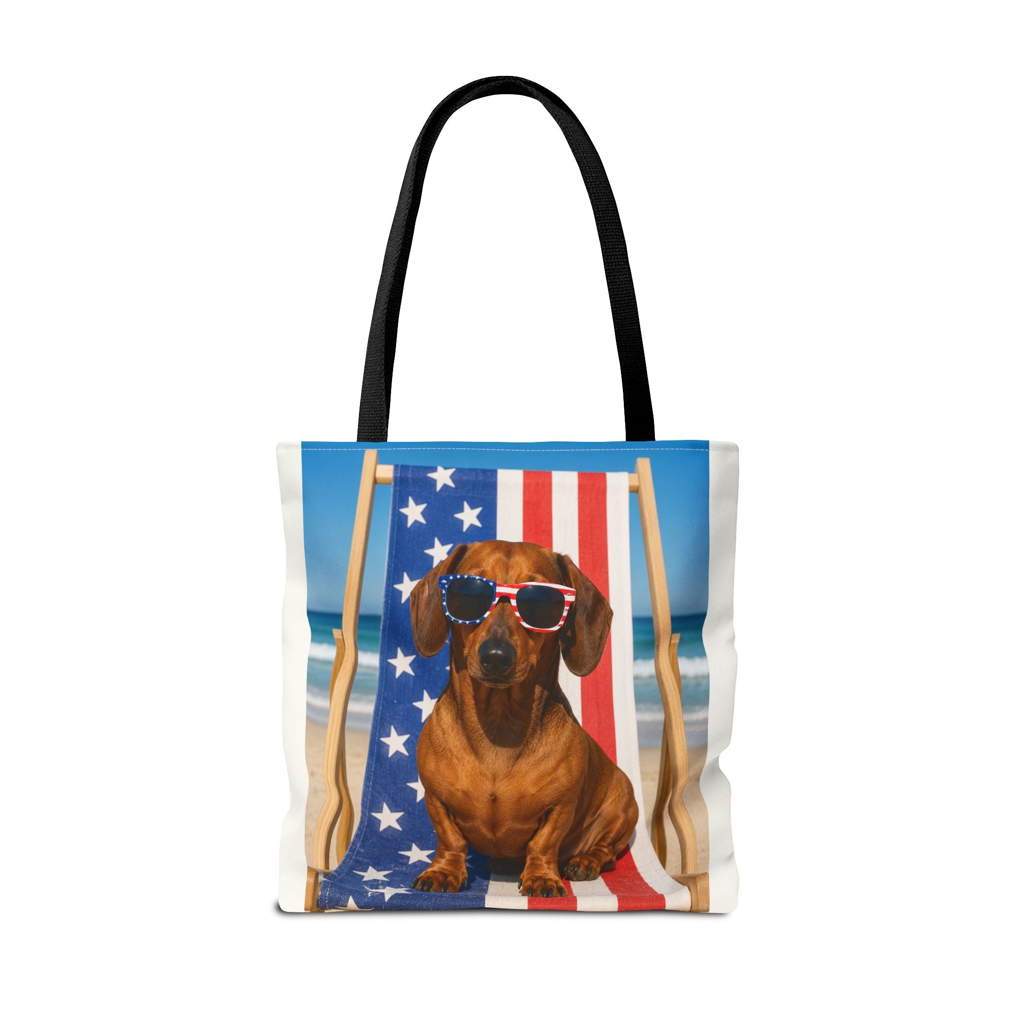 Patriotic Dachshund Tote Bag — 4th of July Beach Dog Tote with American Flag Sunglasses