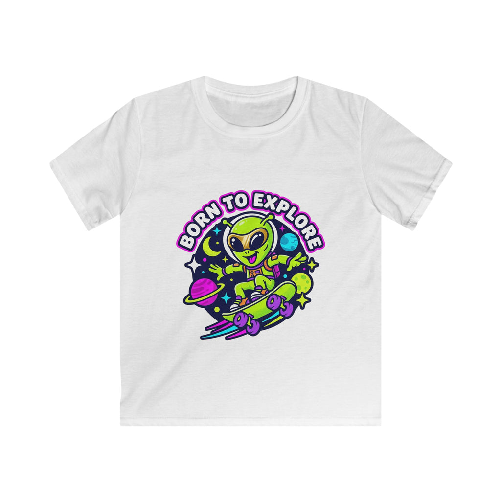 Born to Explore Alien Skateboard Kids Tee | Space Skateboarder, Neon Planet Design