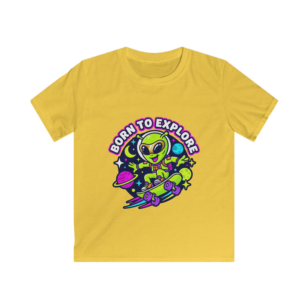 Born to Explore Alien Skateboard Kids Tee | Space Skateboarder, Neon Planet Design