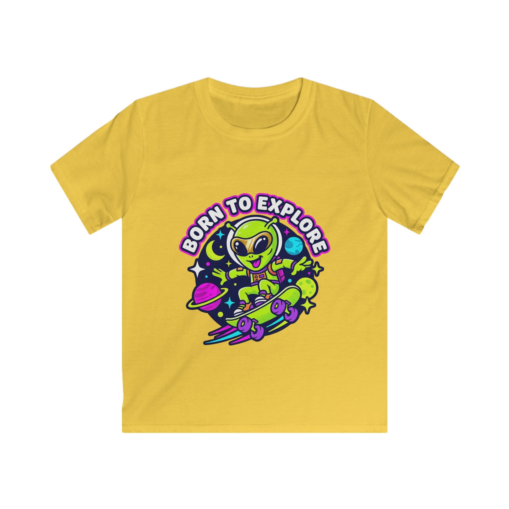 Born to Explore Alien Skateboard Kids Tee | Space Skateboarder, Neon Planet Design