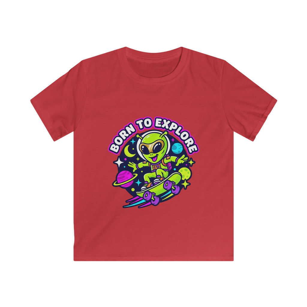 Born to Explore Alien Skateboard Kids Tee | Space Skateboarder, Neon Planet Design