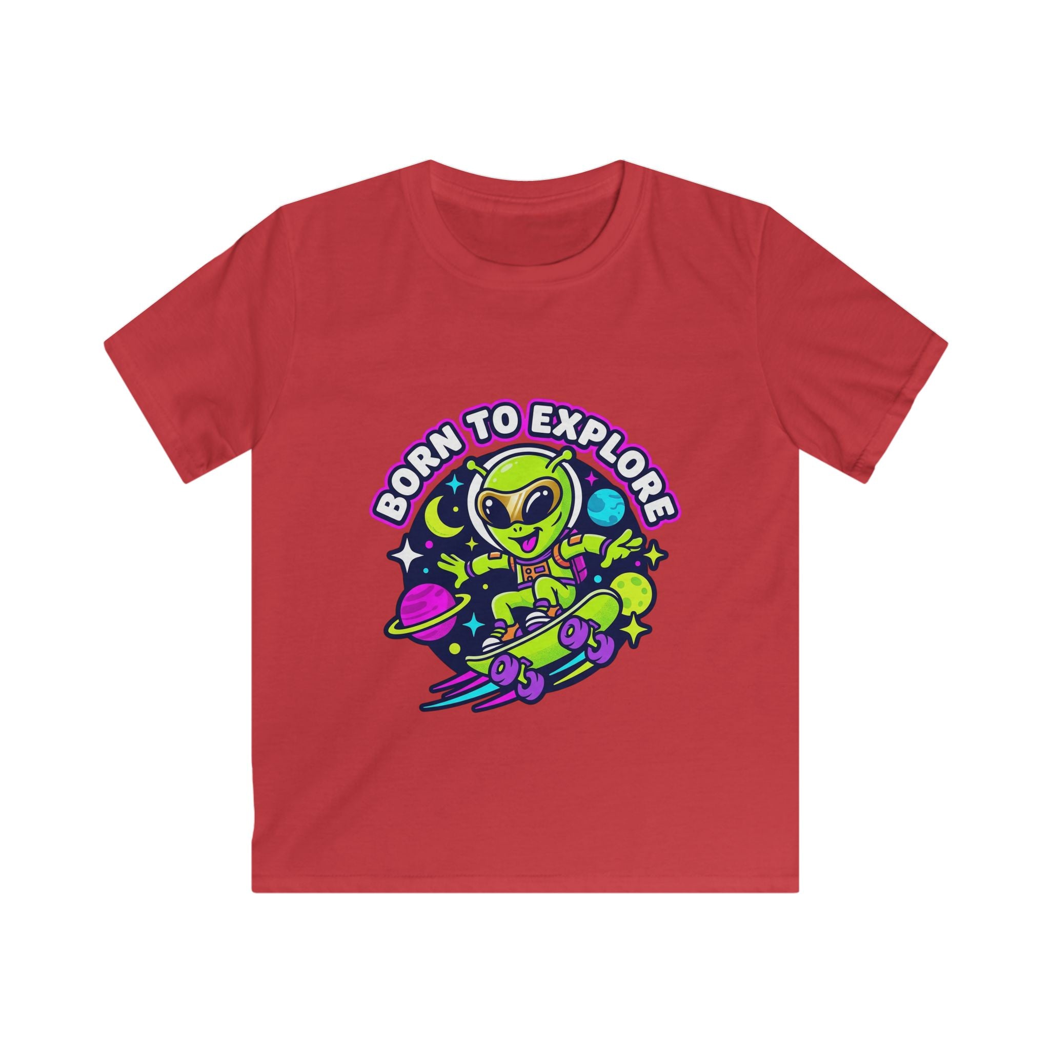 Born to Explore Alien Skateboard Kids Tee | Space Skateboarder, Neon Planet Design