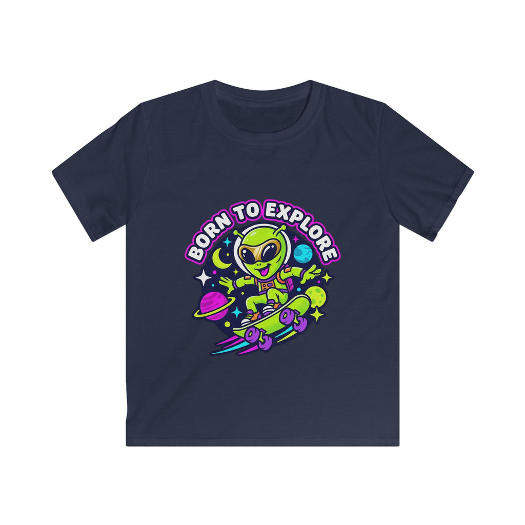 Born to Explore Alien Skateboard Kids Tee | Space Skateboarder, Neon Planet Design