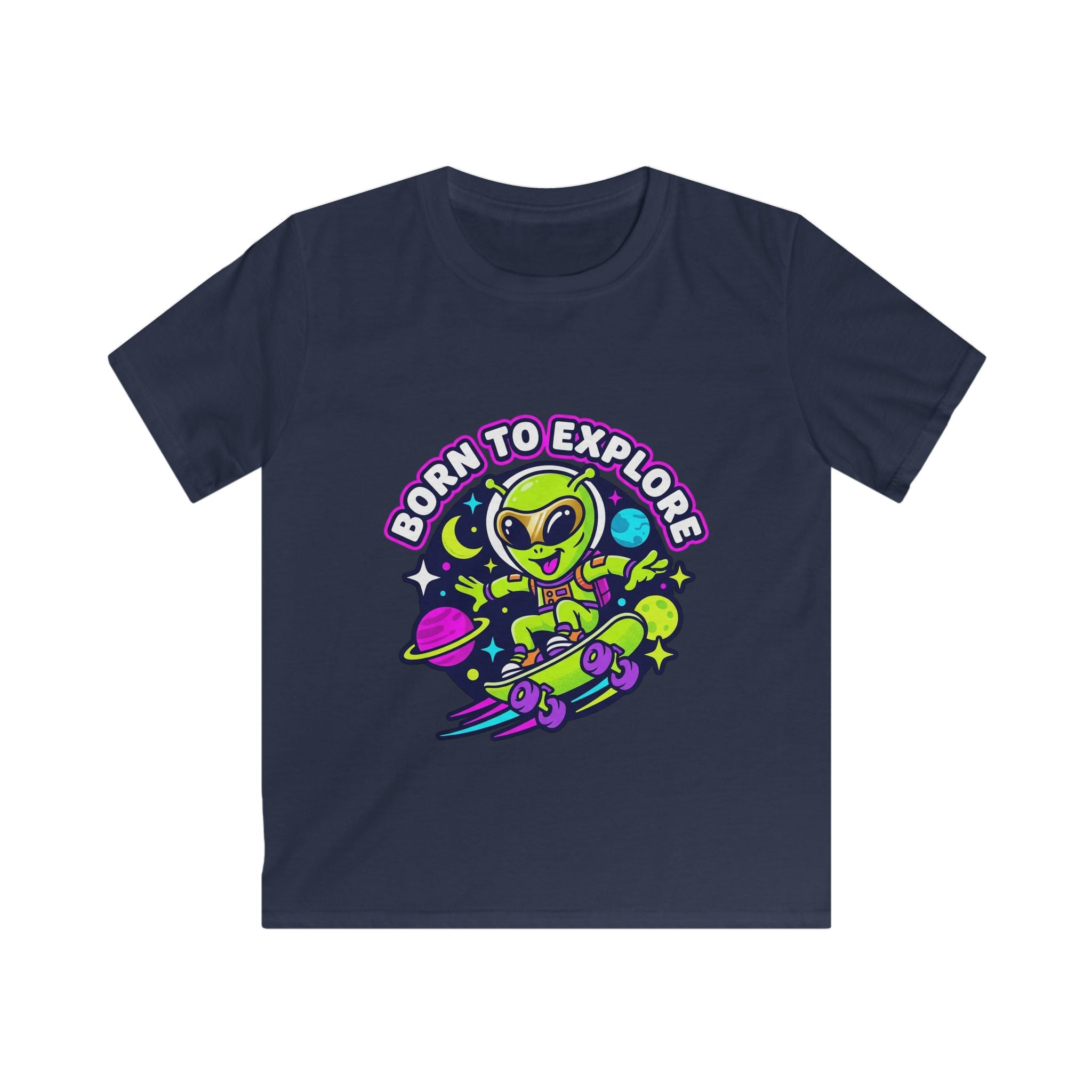 Born to Explore Alien Skateboard Kids Tee | Space Skateboarder, Neon Planet Design