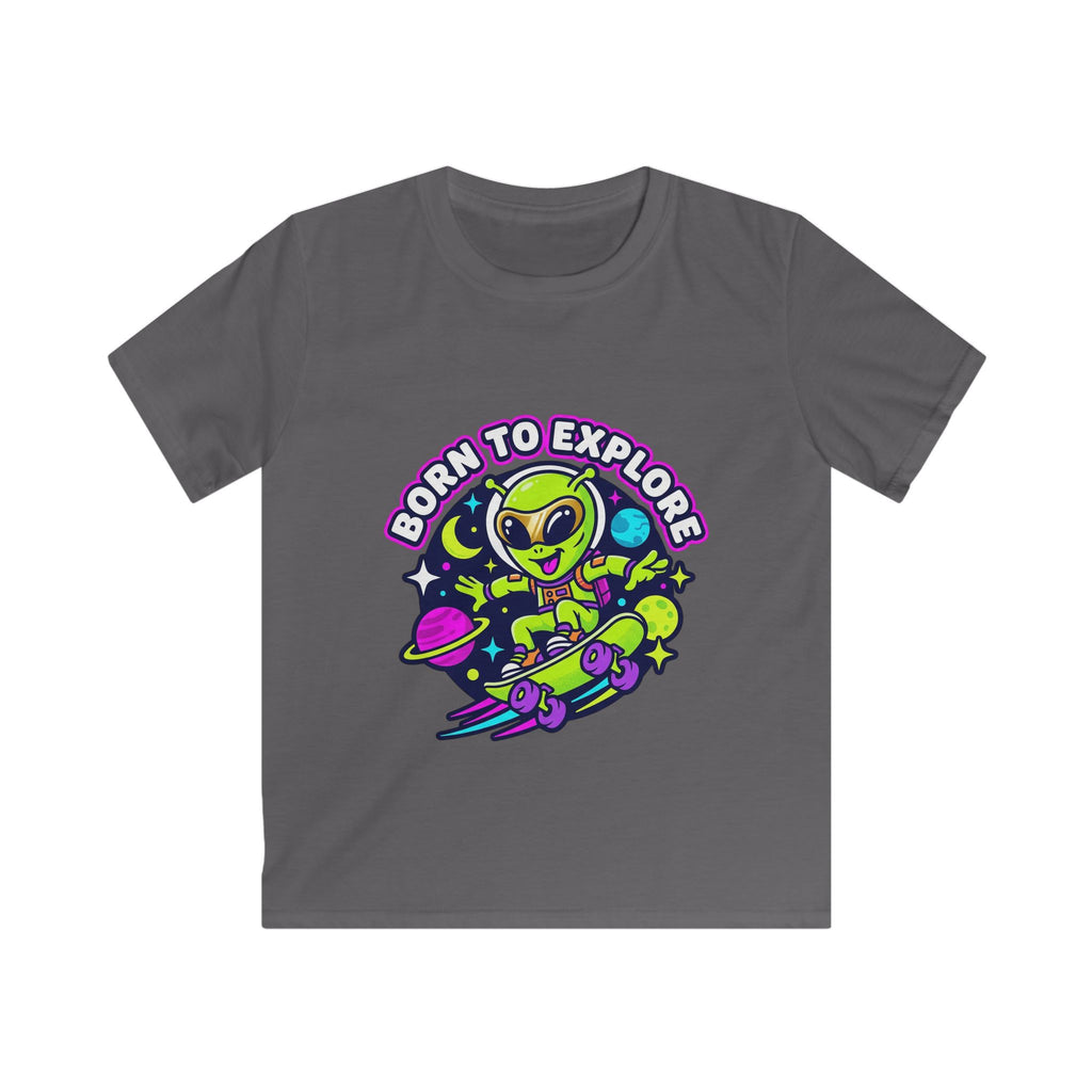 Born to Explore Alien Skateboard Kids Tee | Space Skateboarder, Neon Planet Design