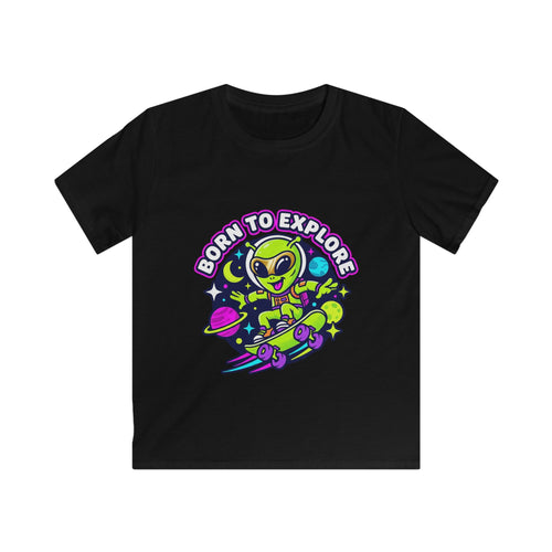 Born to Explore Alien Skateboard Kids Tee | Space Skateboarder, Neon Planet Design