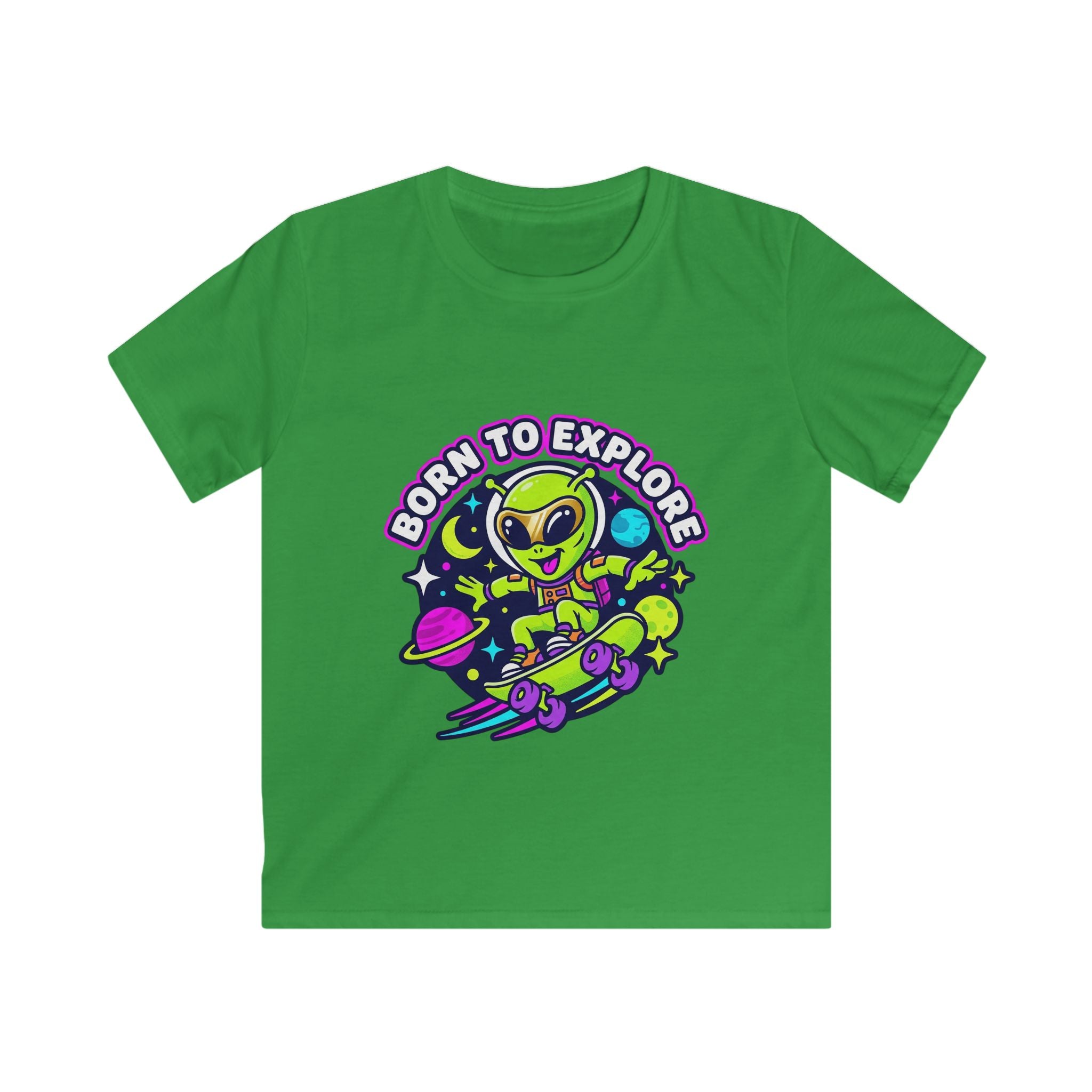 Born to Explore Alien Skateboard Kids Tee | Space Skateboarder, Neon Planet Design