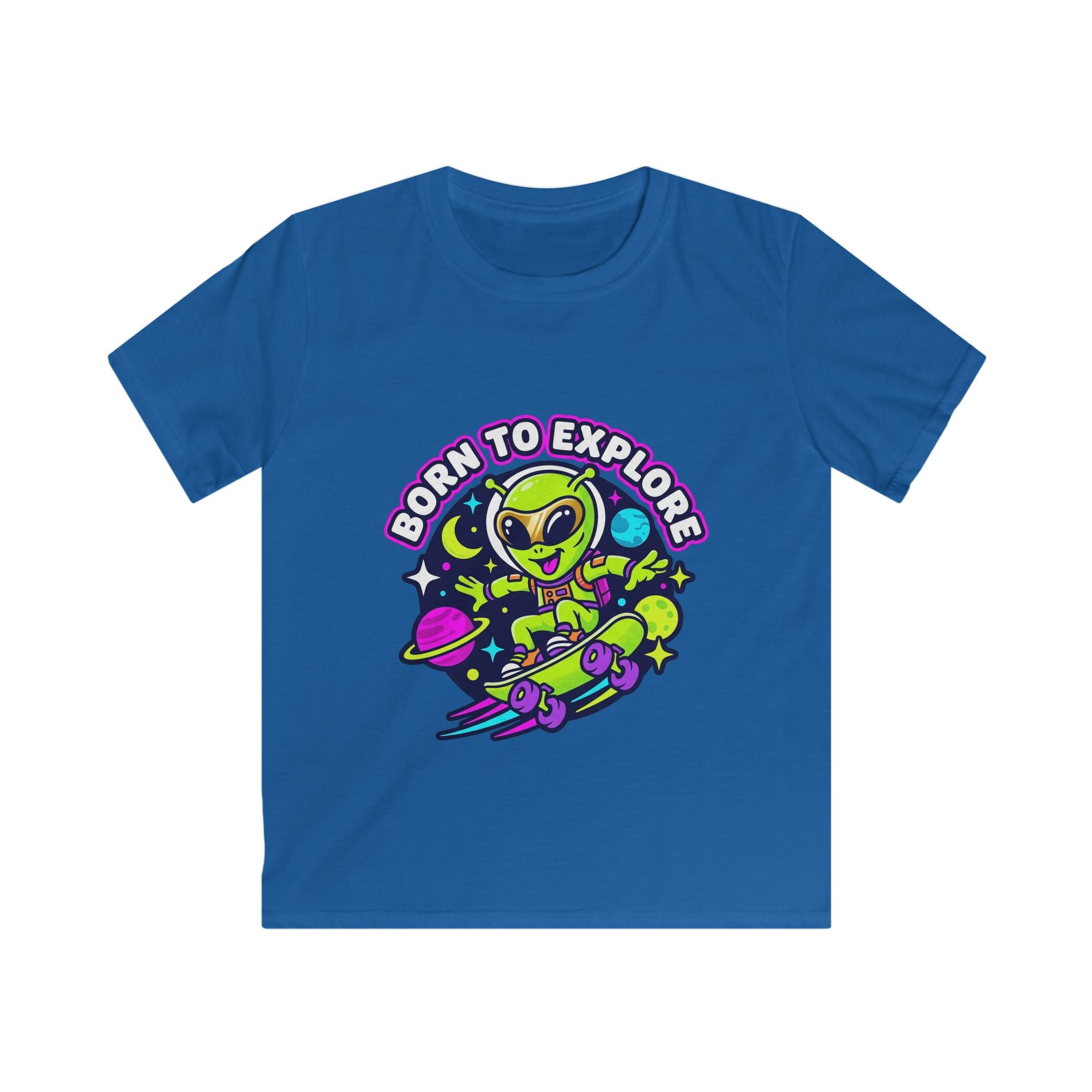 Born to Explore Alien Skateboard Kids Tee | Space Skateboarder, Neon Planet Design