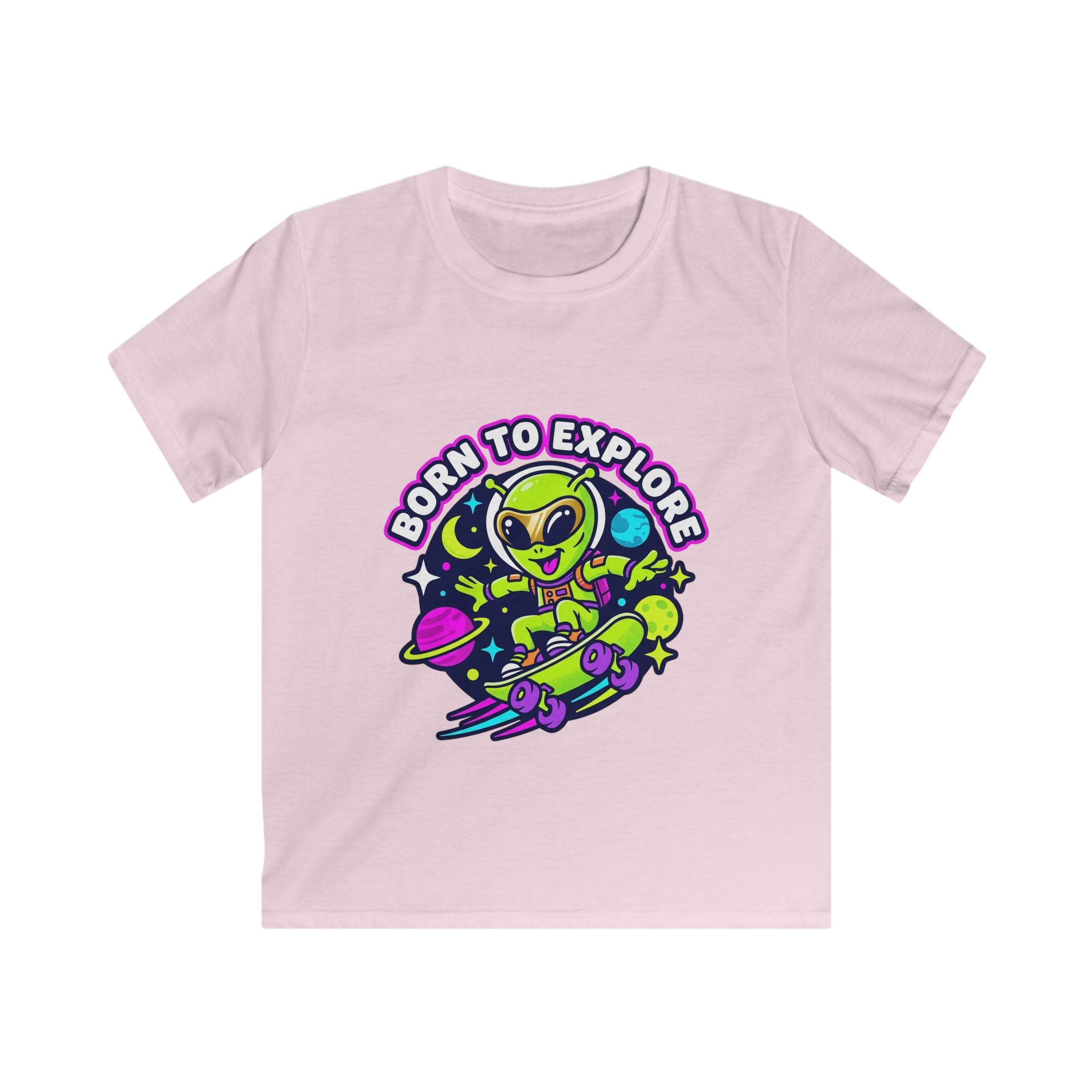 Born to Explore Alien Skateboard Kids Tee | Space Skateboarder, Neon Planet Design