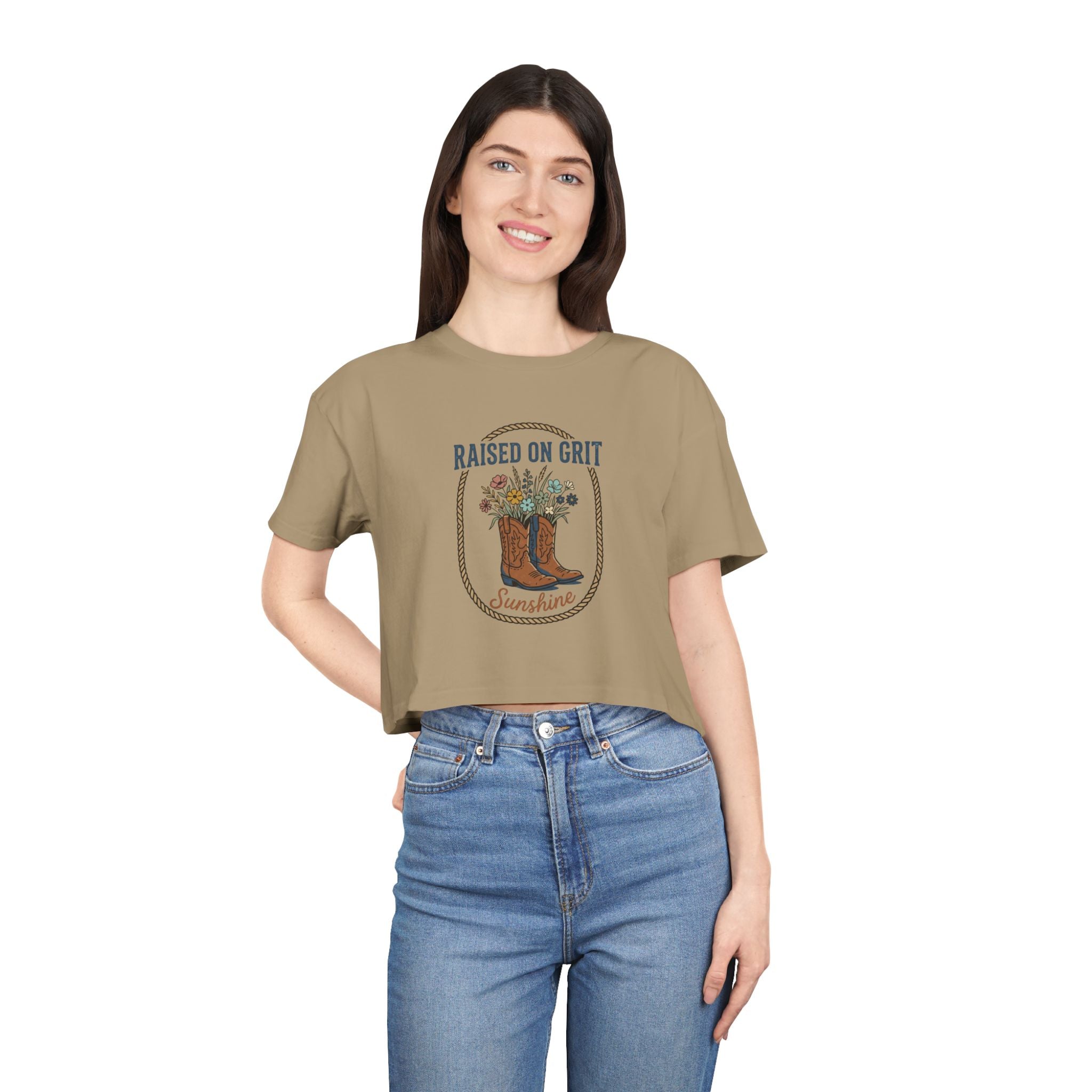 Raised on Grit Sunshine cowboy boots floral graphic Crop Tee | Western farmhouse style