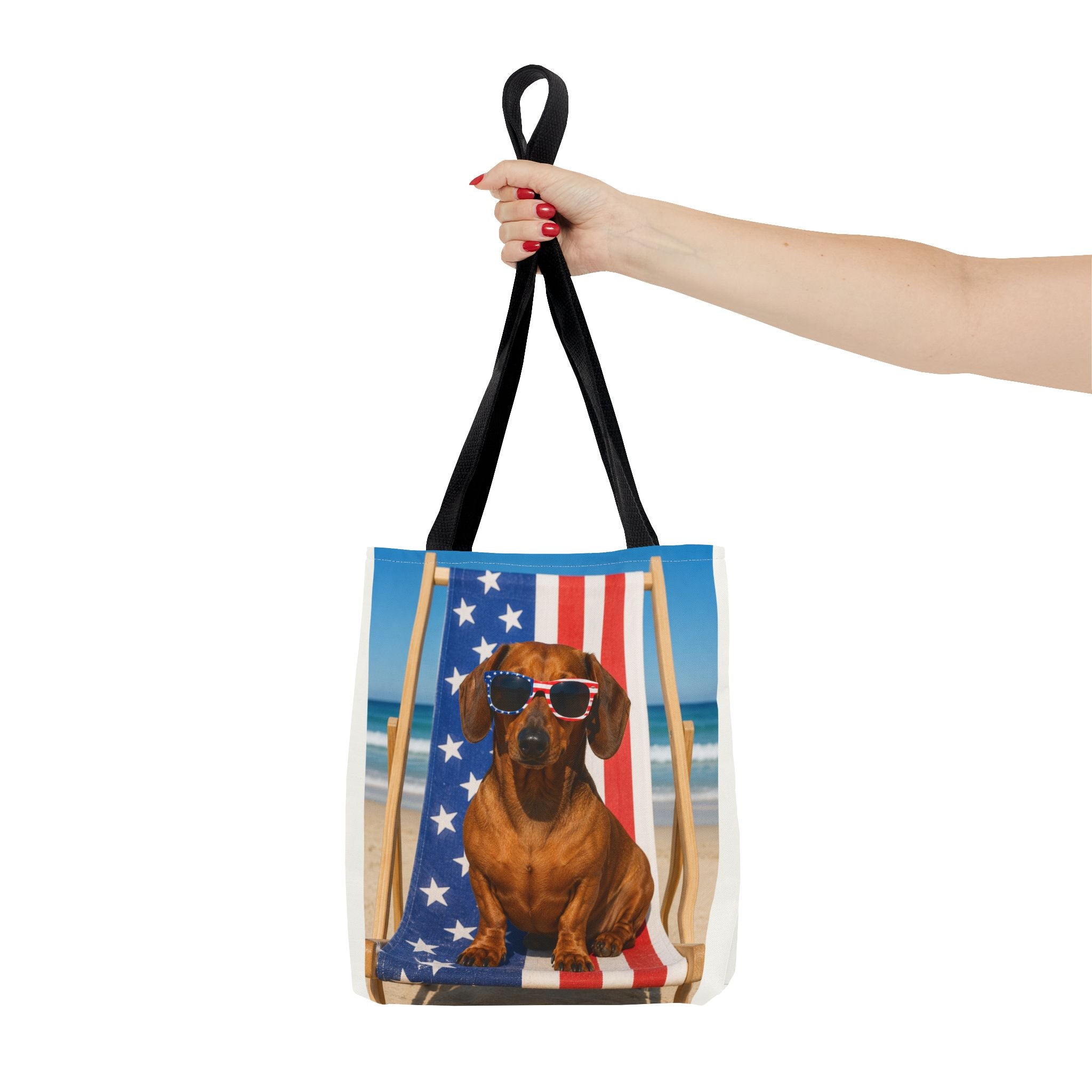 Patriotic Dachshund Tote Bag — 4th of July Beach Dog Tote with American Flag Sunglasses