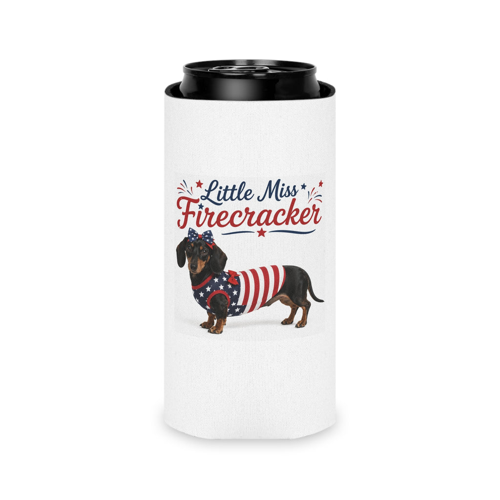 Little Miss Firecracker Can Cooler | Patriotic Dachshund, Fourth of July