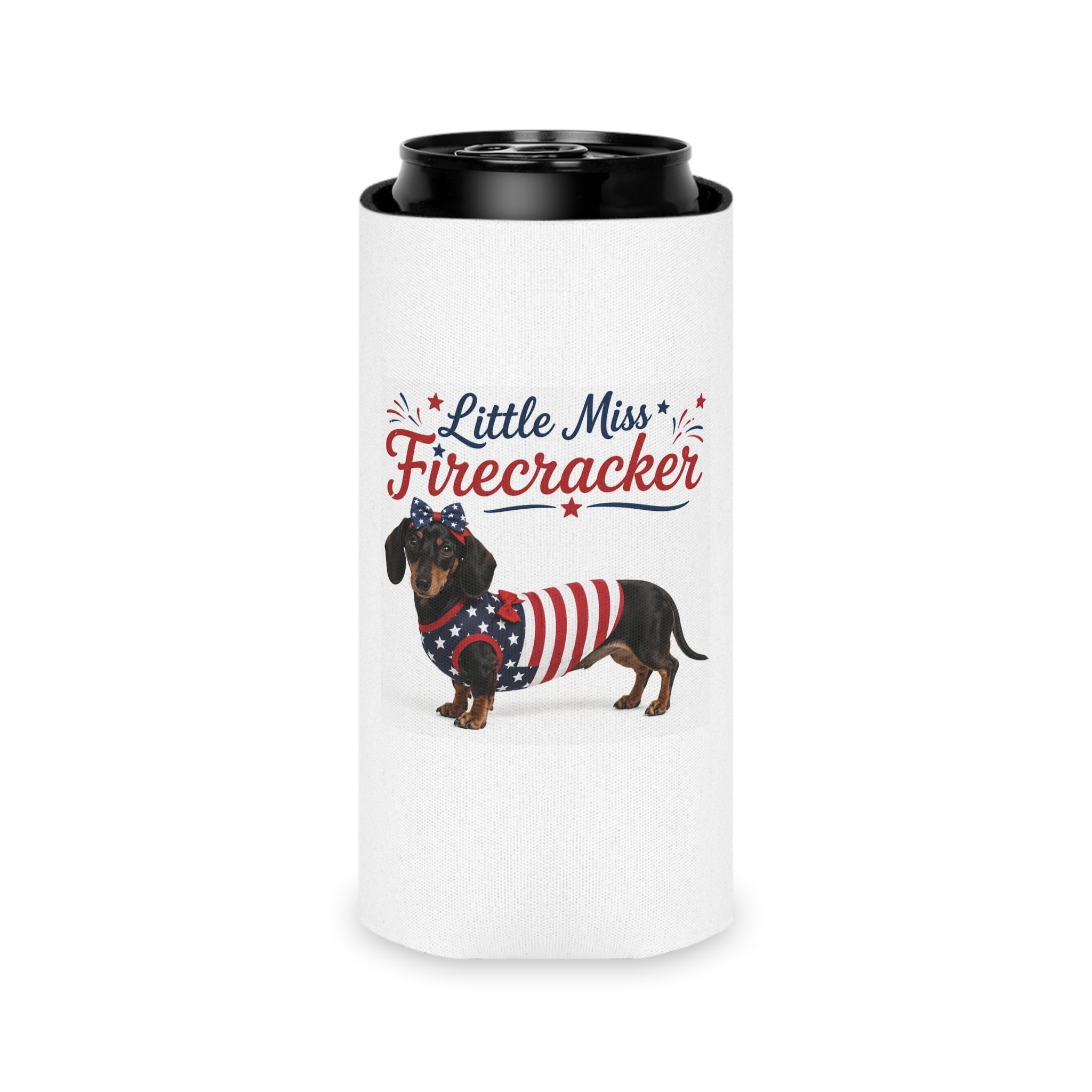 Little Miss Firecracker Can Cooler | Patriotic Dachshund, Fourth of July