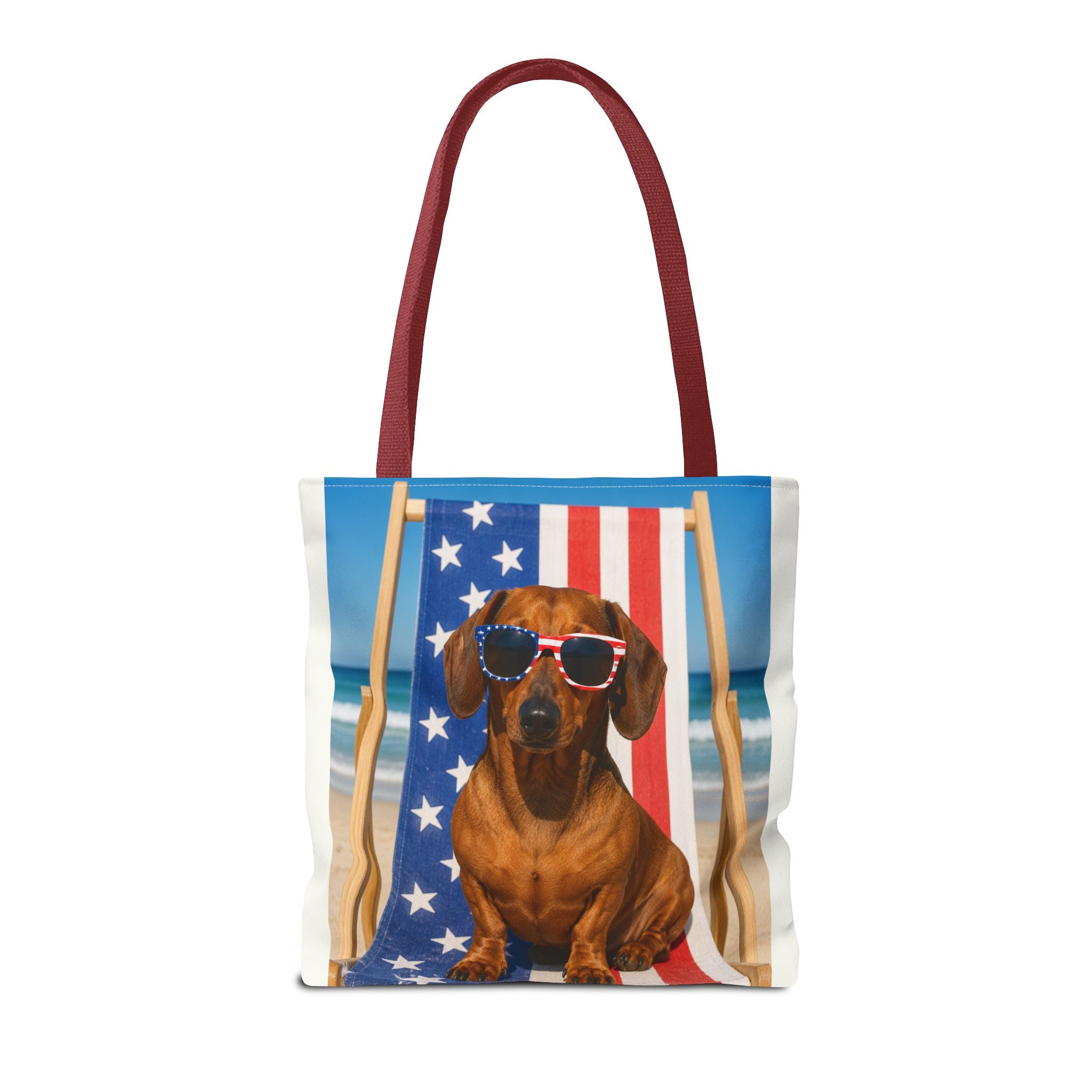 Patriotic Dachshund Tote Bag — 4th of July Beach Dog Tote with American Flag Sunglasses