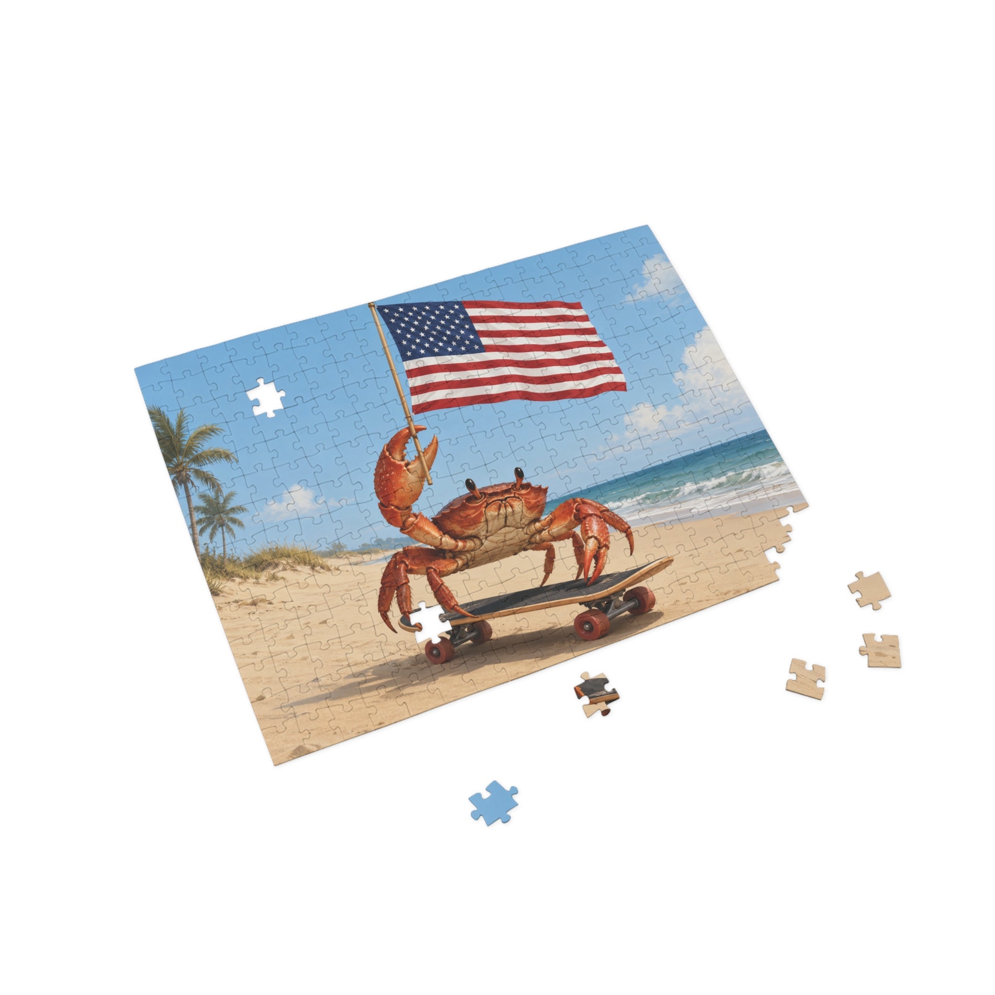Patriotic Crab on Skateboard Puzzle, Beach Flag Jigsaw Puzzle, Beach Puzzle, Crab Gift, Family Puzzle